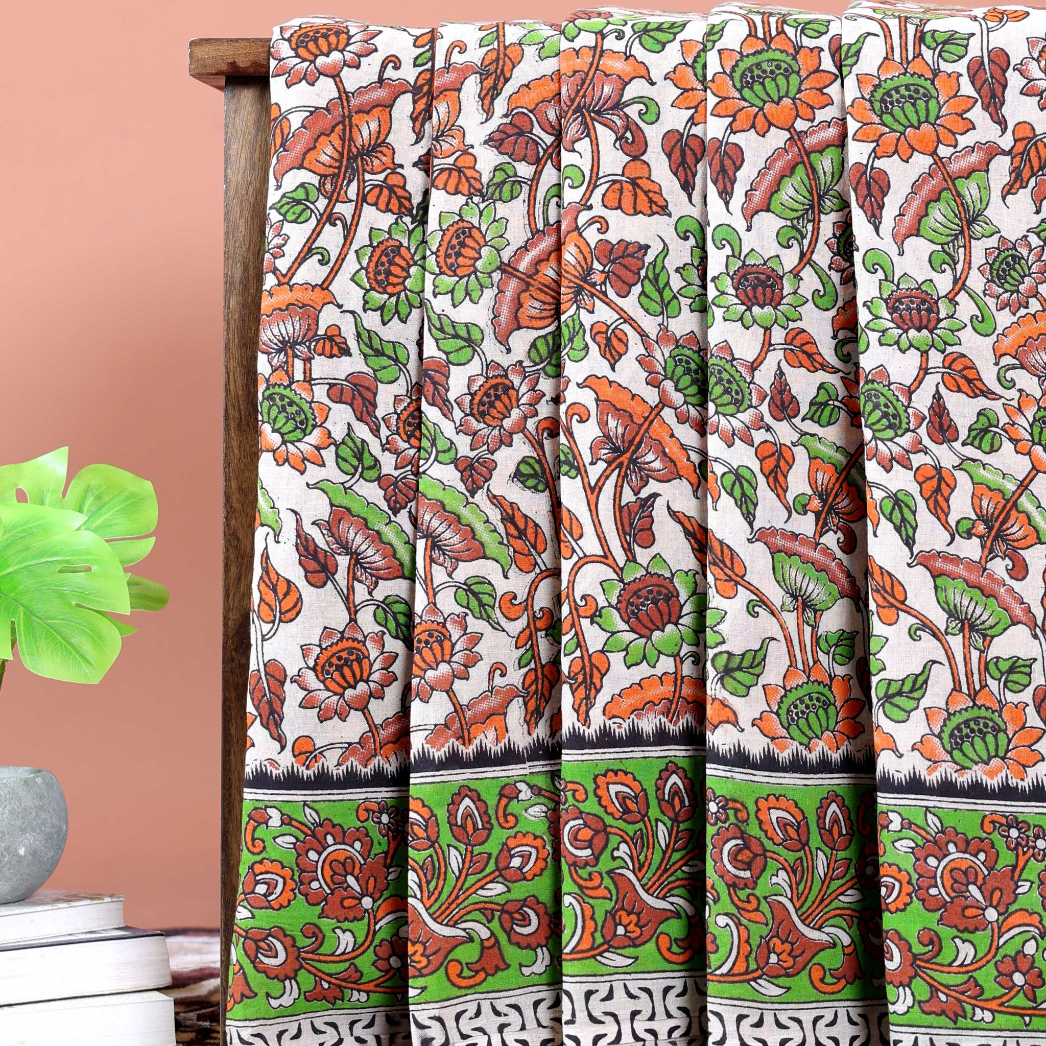 Handpainted Kalamkari Cotton Saree with Traditional Floral Motifs - Cream