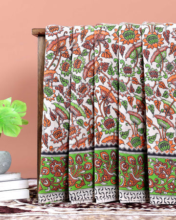 Handpainted Kalamkari Cotton Saree with Traditional Floral Motifs - Cream