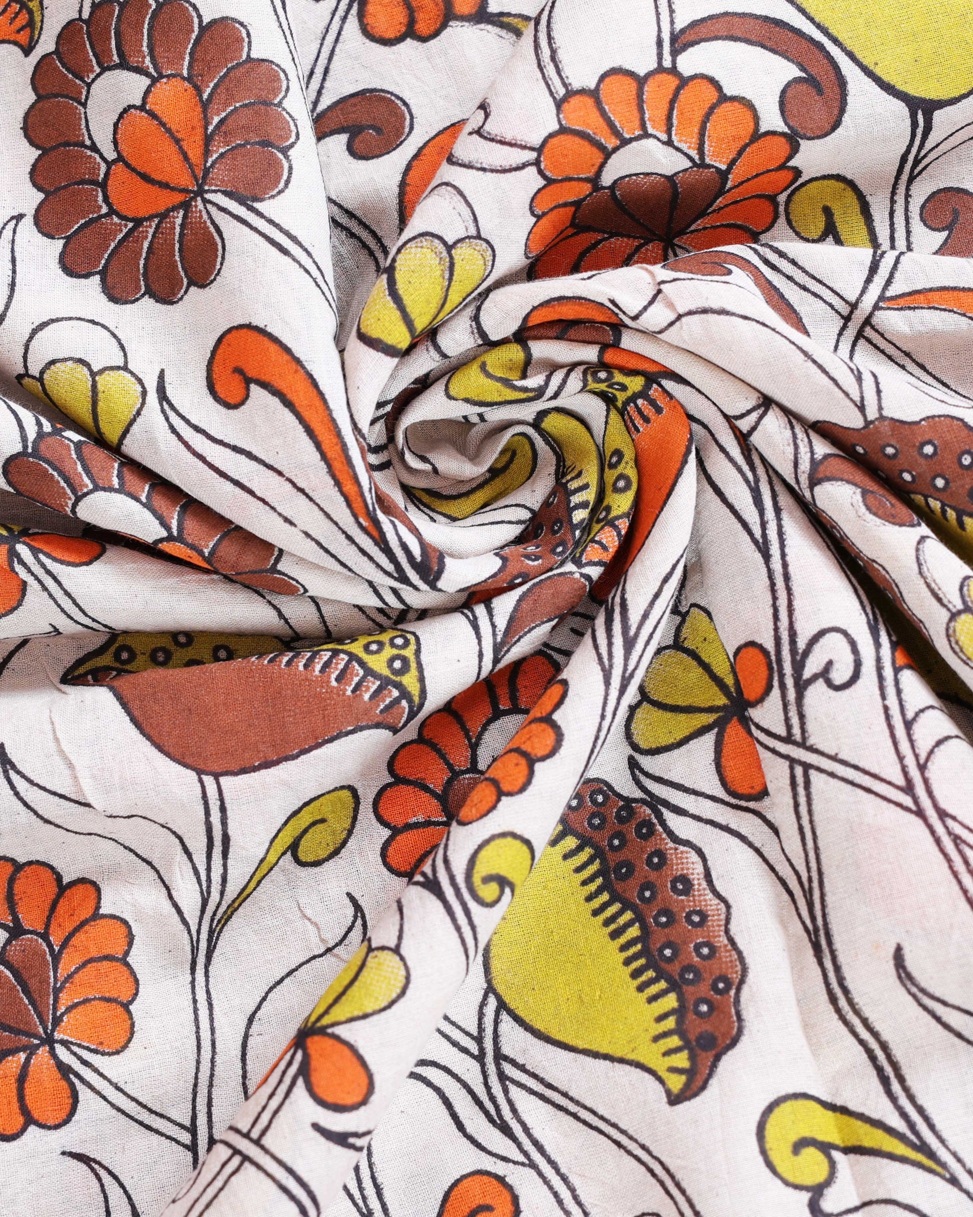 Handpainted Kalamkari Cotton Saree with Traditional Floral & Peacock Motifs - Close