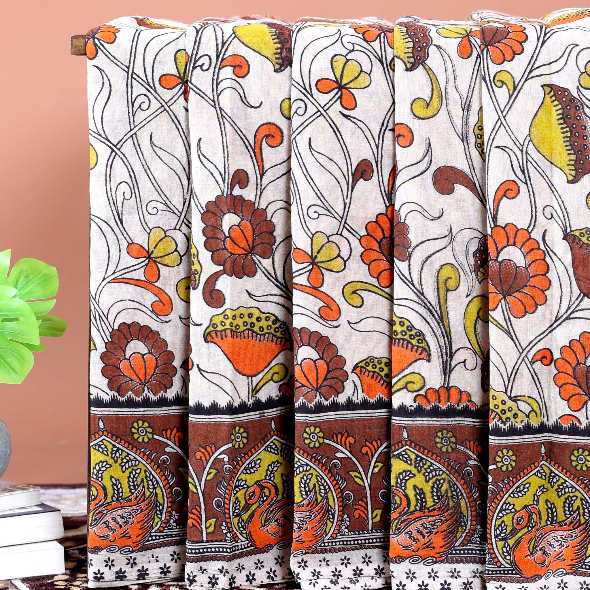 Handpainted Kalamkari Cotton Saree with Traditional Floral & Peacock Motifs - Cream