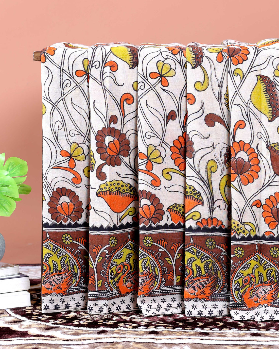 Handpainted Kalamkari Cotton Saree with Traditional Floral & Peacock Motifs - Cream