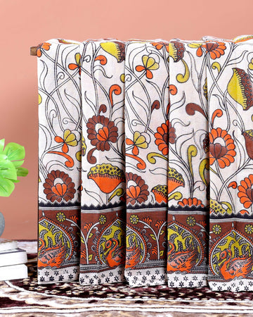 Handpainted Kalamkari Cotton Saree with Traditional Floral & Peacock Motifs - Cream