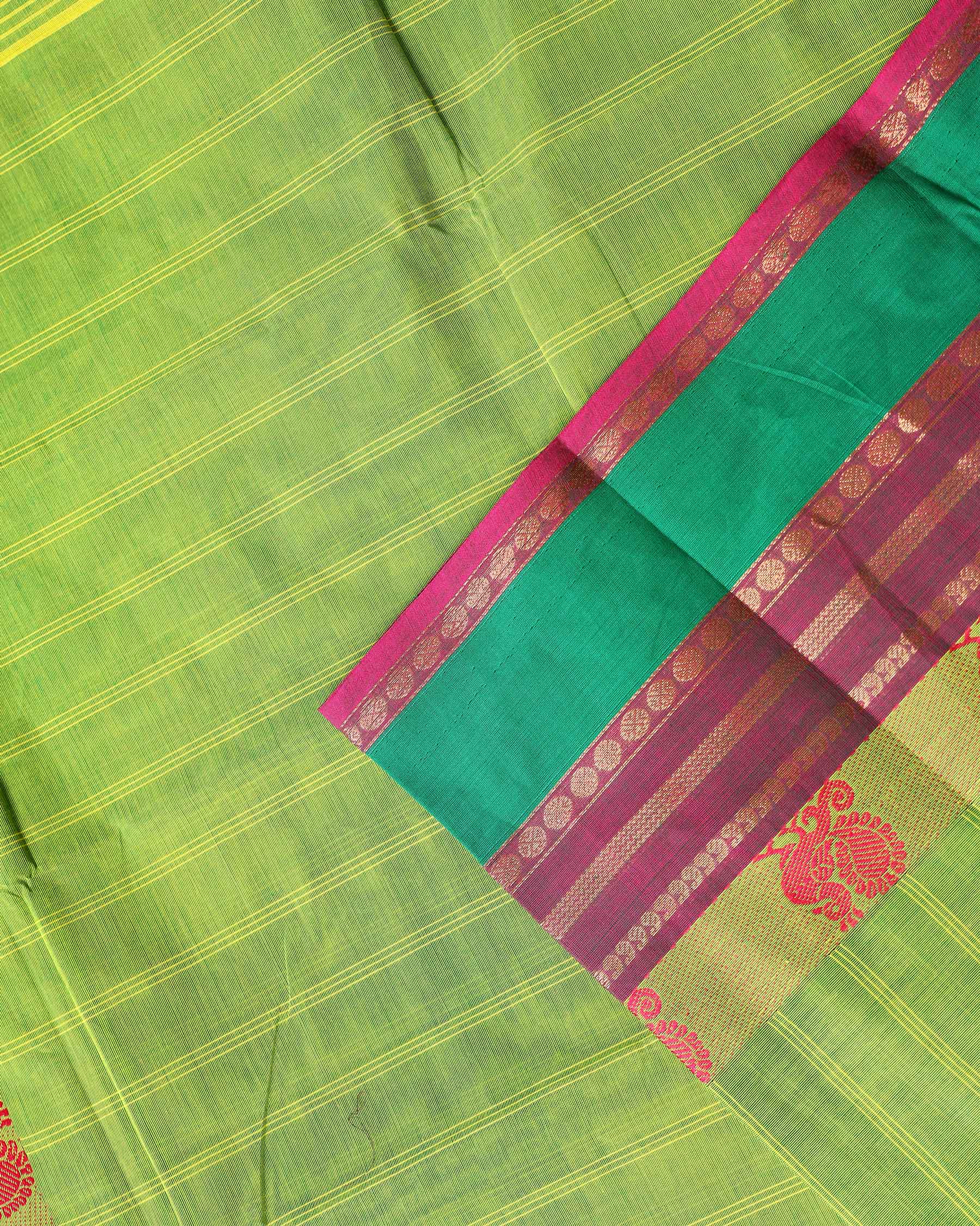 Handwoven Checked Cotton Saree with Peacock Motif Border - Green