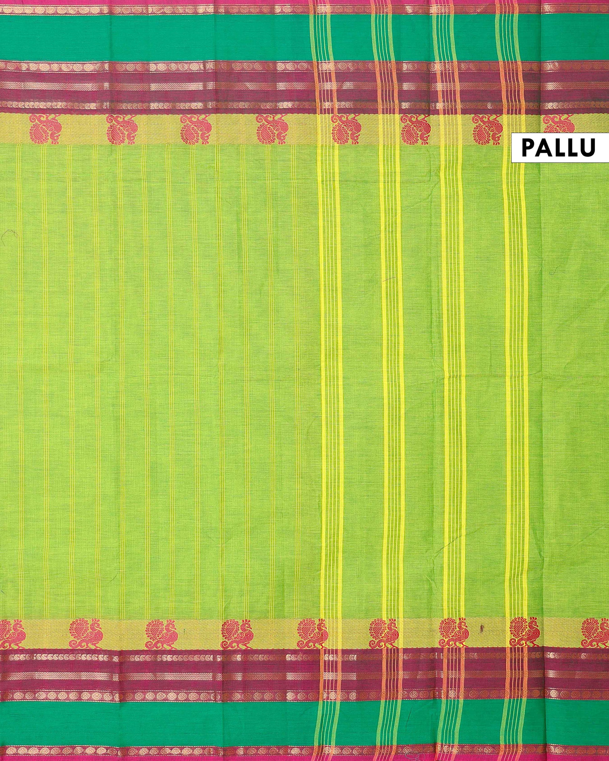Handwoven Checked Cotton Saree with Peacock Motif Border - Green