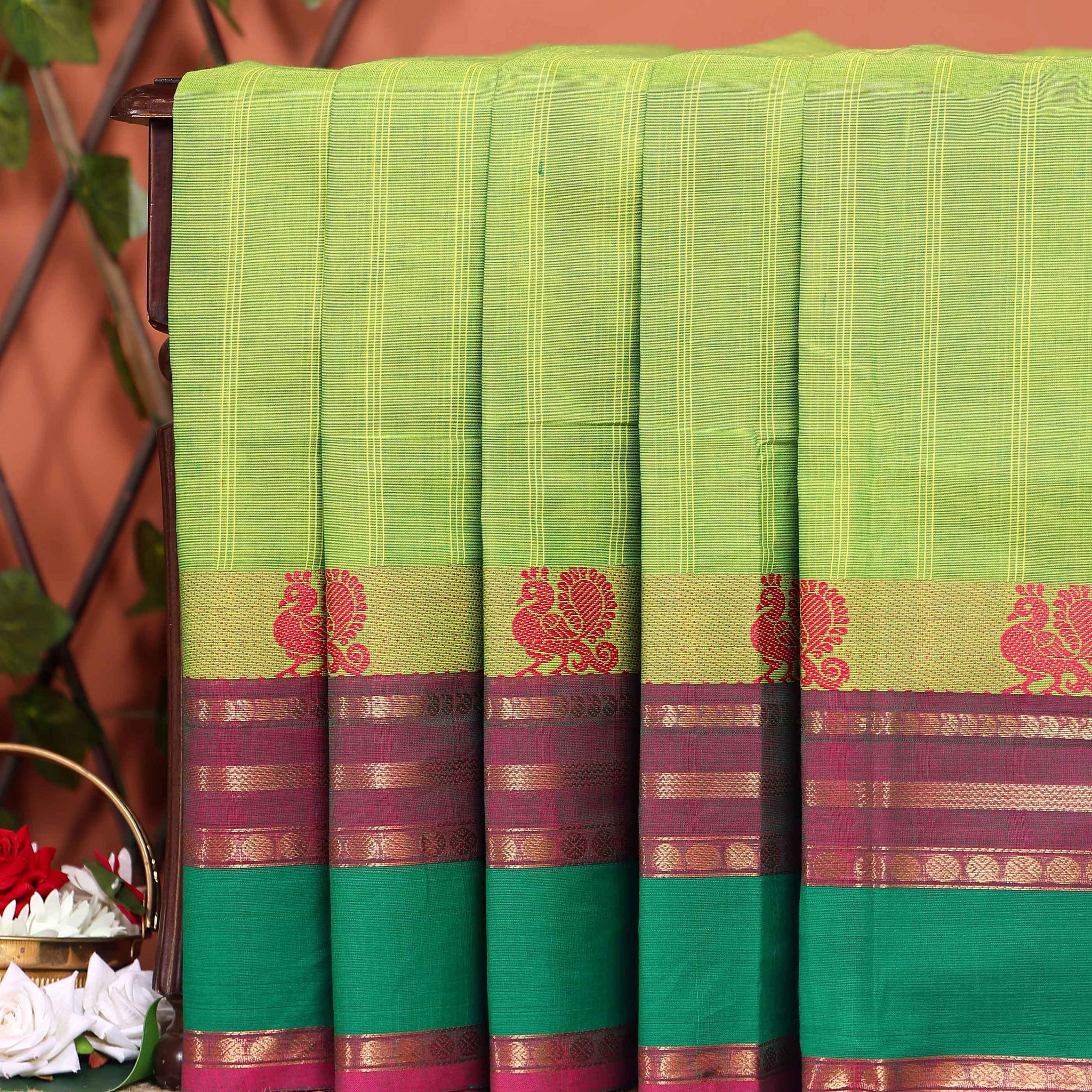 Handwoven Checked Cotton Saree with Peacock Motif Border - Green