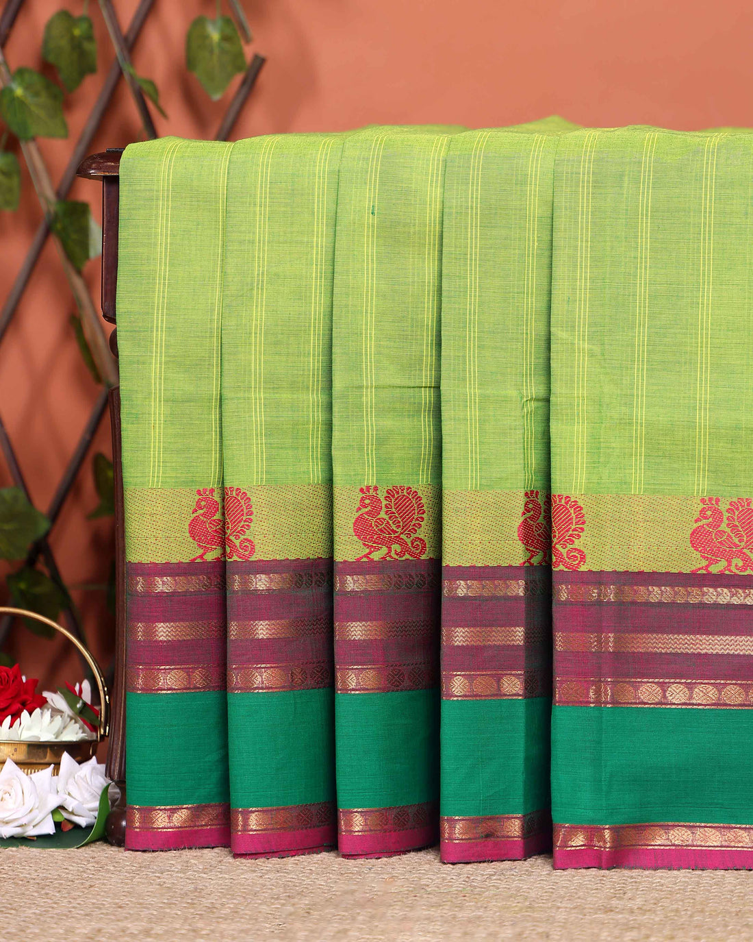 Handwoven Checked Cotton Saree with Peacock Motif Border - Green