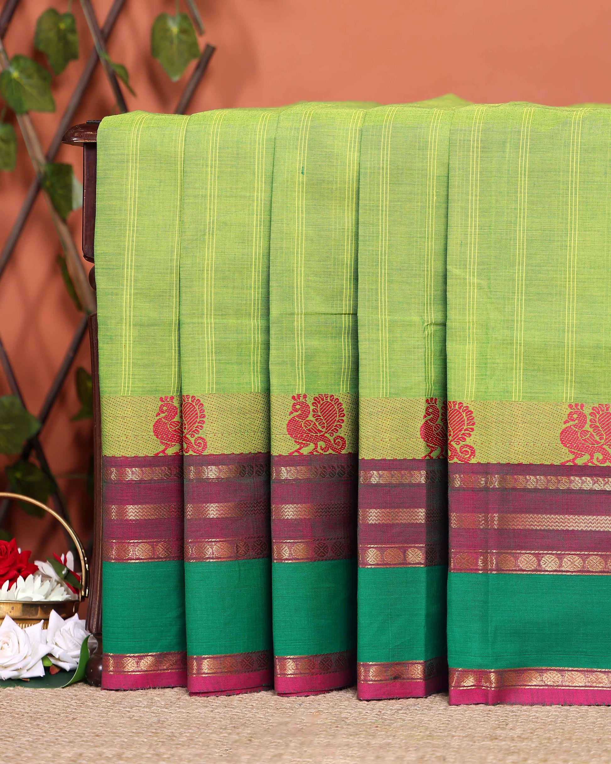 Handwoven Checked Cotton Saree with Peacock Motif Border - Green