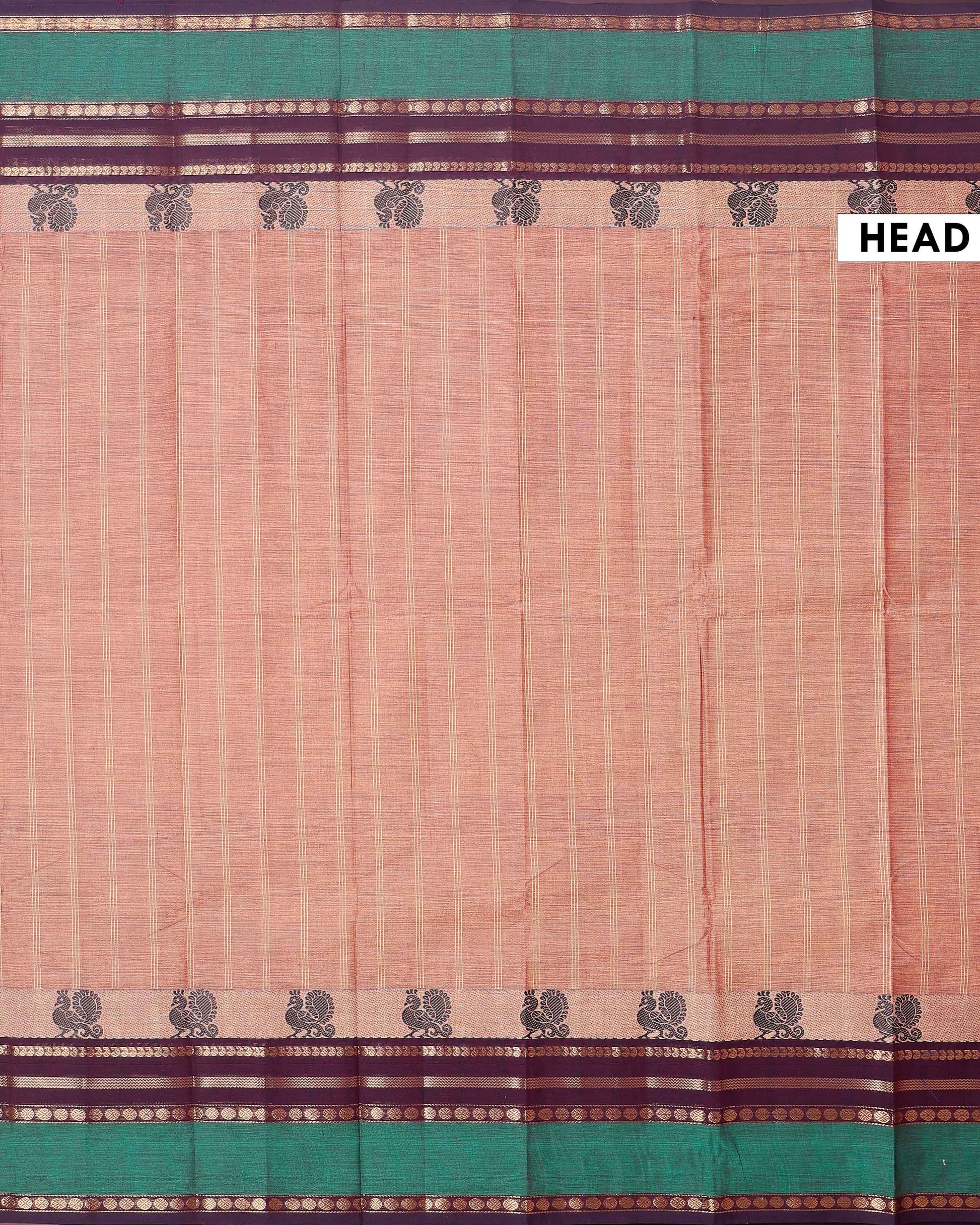 Handwoven Chettinad Cotton Saree with Temple Border and Peacock Design - Brown-Head