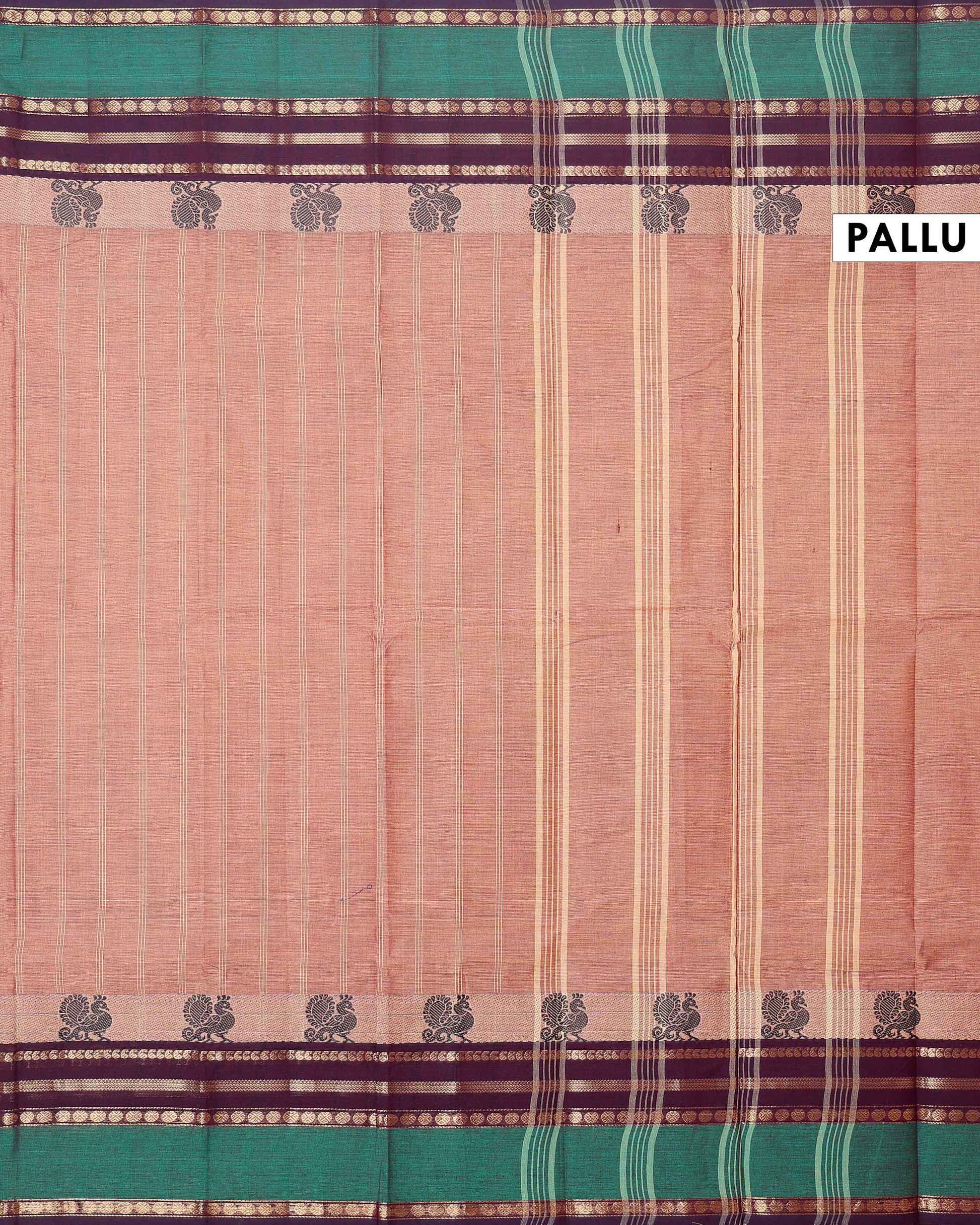 Handwoven Chettinad Cotton Saree with Temple Border and Peacock Design - Brown-Pallu