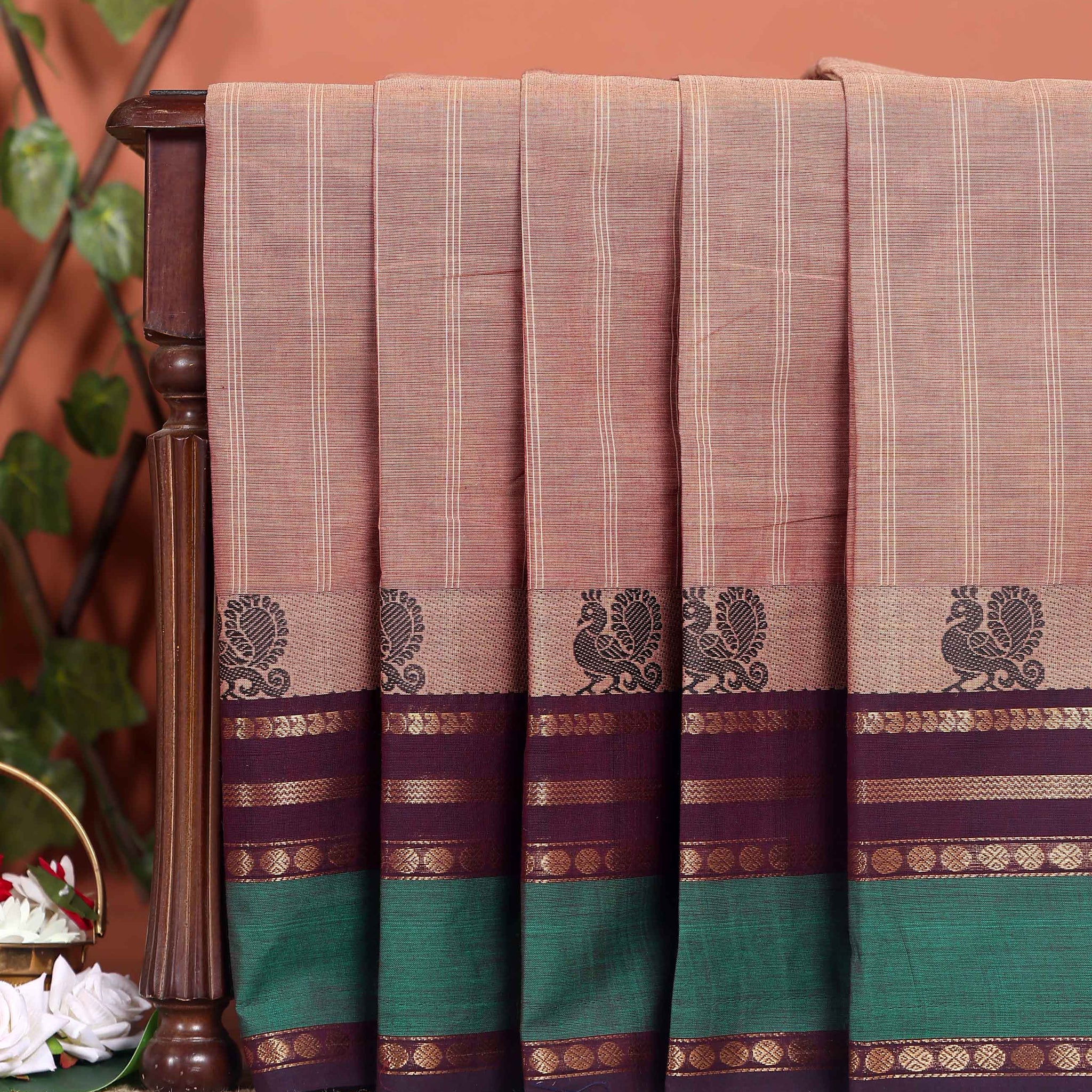 Handwoven Chettinad Cotton Saree with Temple Border and Peacock Design - Brown