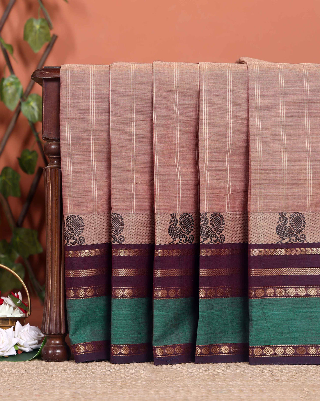 Handwoven Chettinad Cotton Saree with Temple Border and Peacock Design - Brown