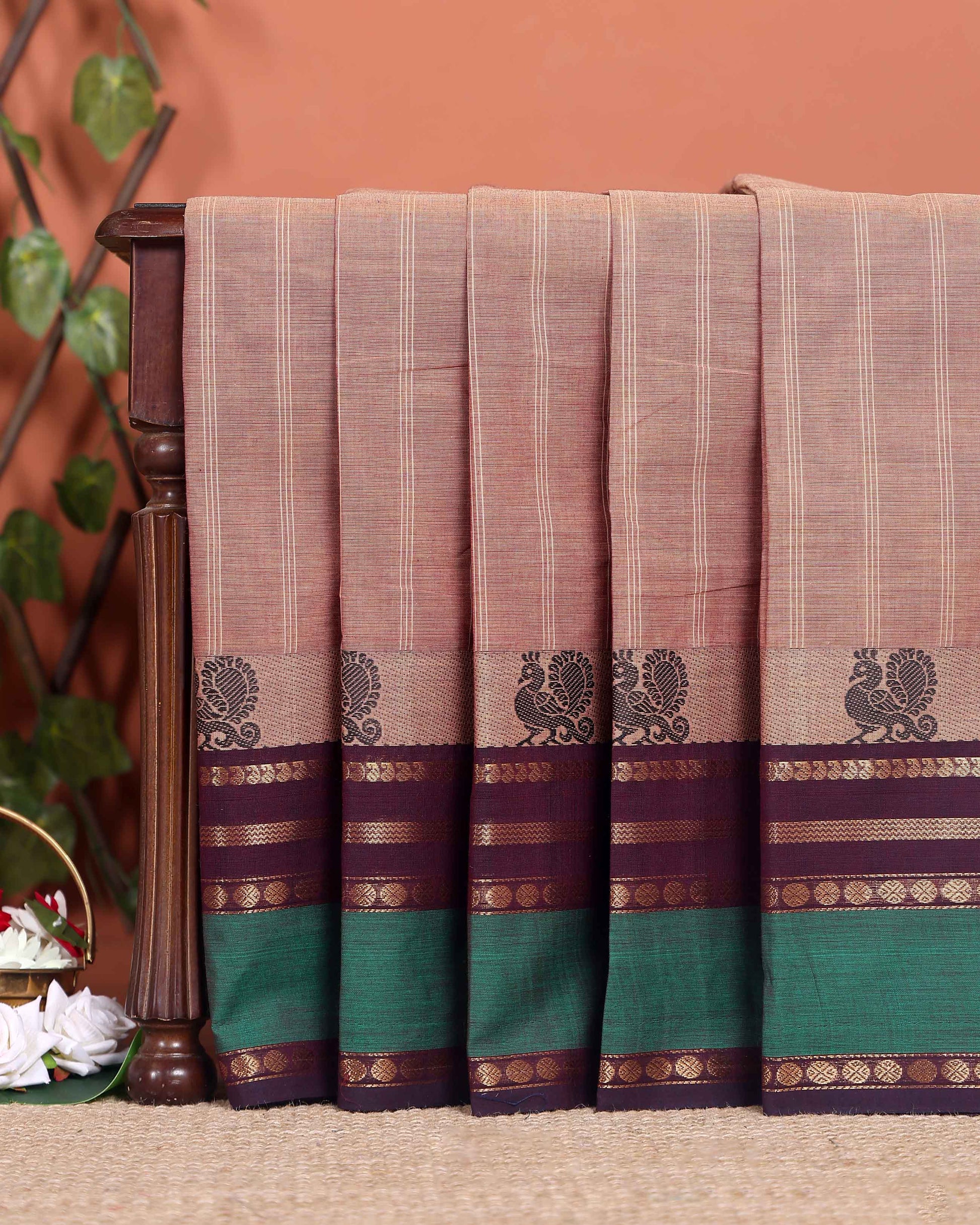 Handwoven Chettinad Cotton Saree with Temple Border and Peacock Design - Brown