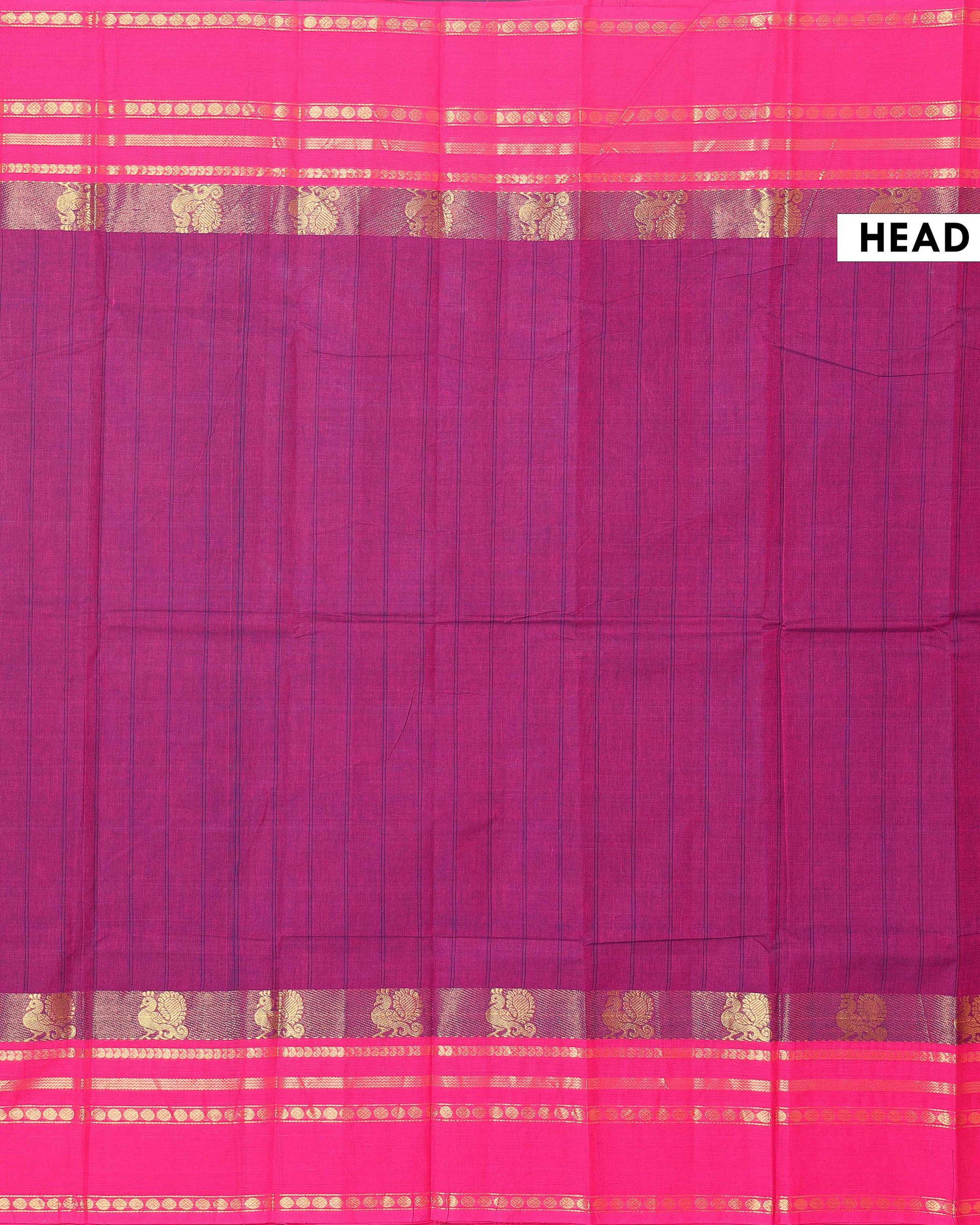 Handwoven Chettinad Cotton Saree with Temple Border and Peacock Design - Purple-Head