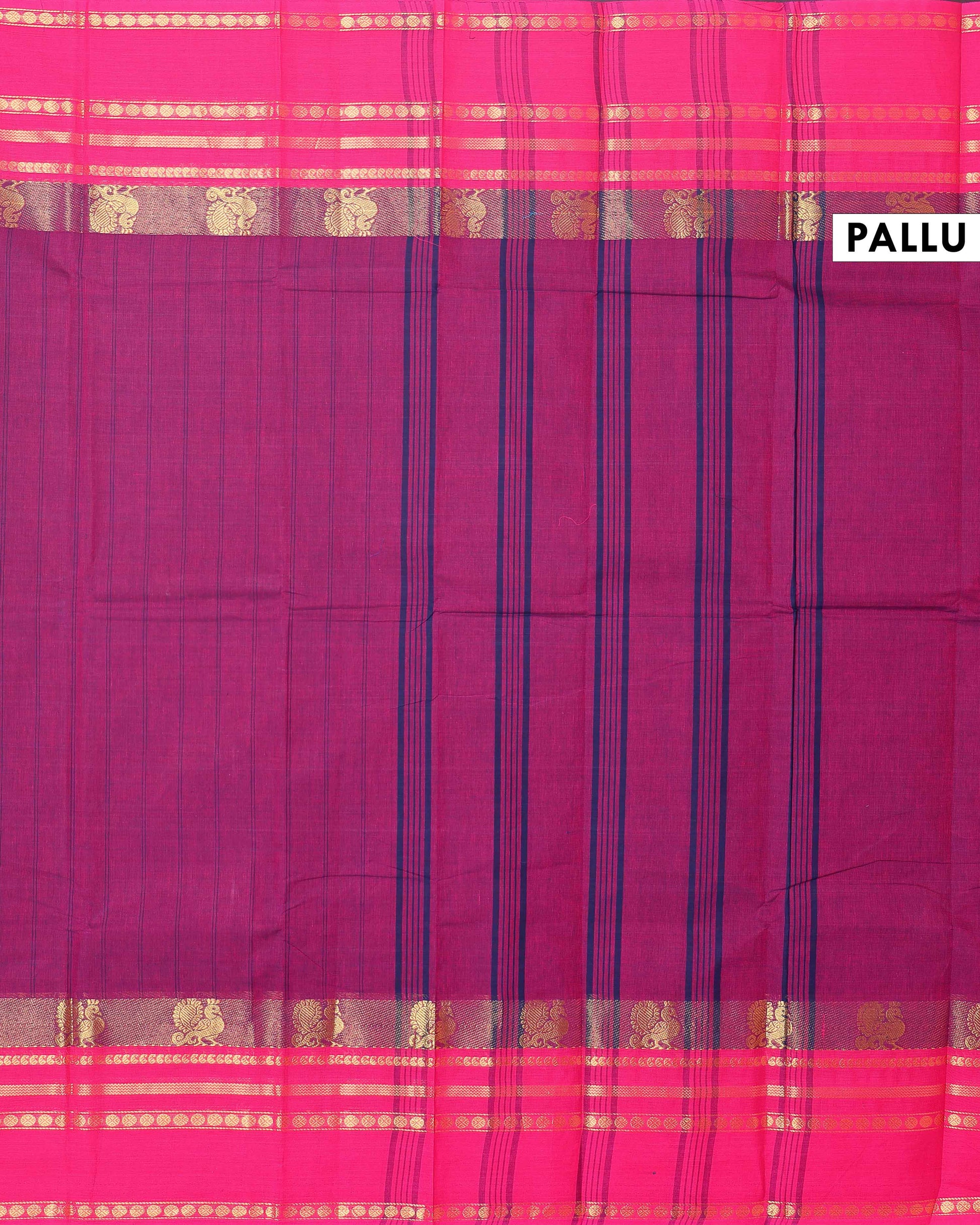 Handwoven Chettinad Cotton Saree with Temple Border and Peacock Design - Purple-Pallu