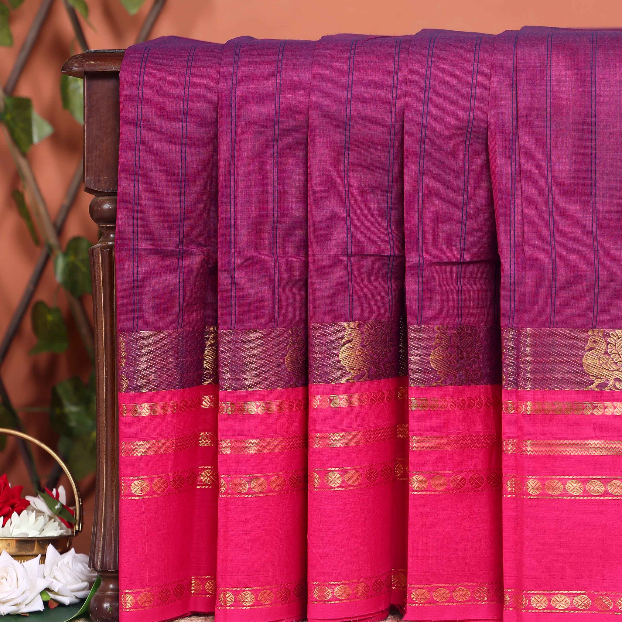 Handwoven Chettinad Cotton Saree with Temple Border and Peacock Design - Purple