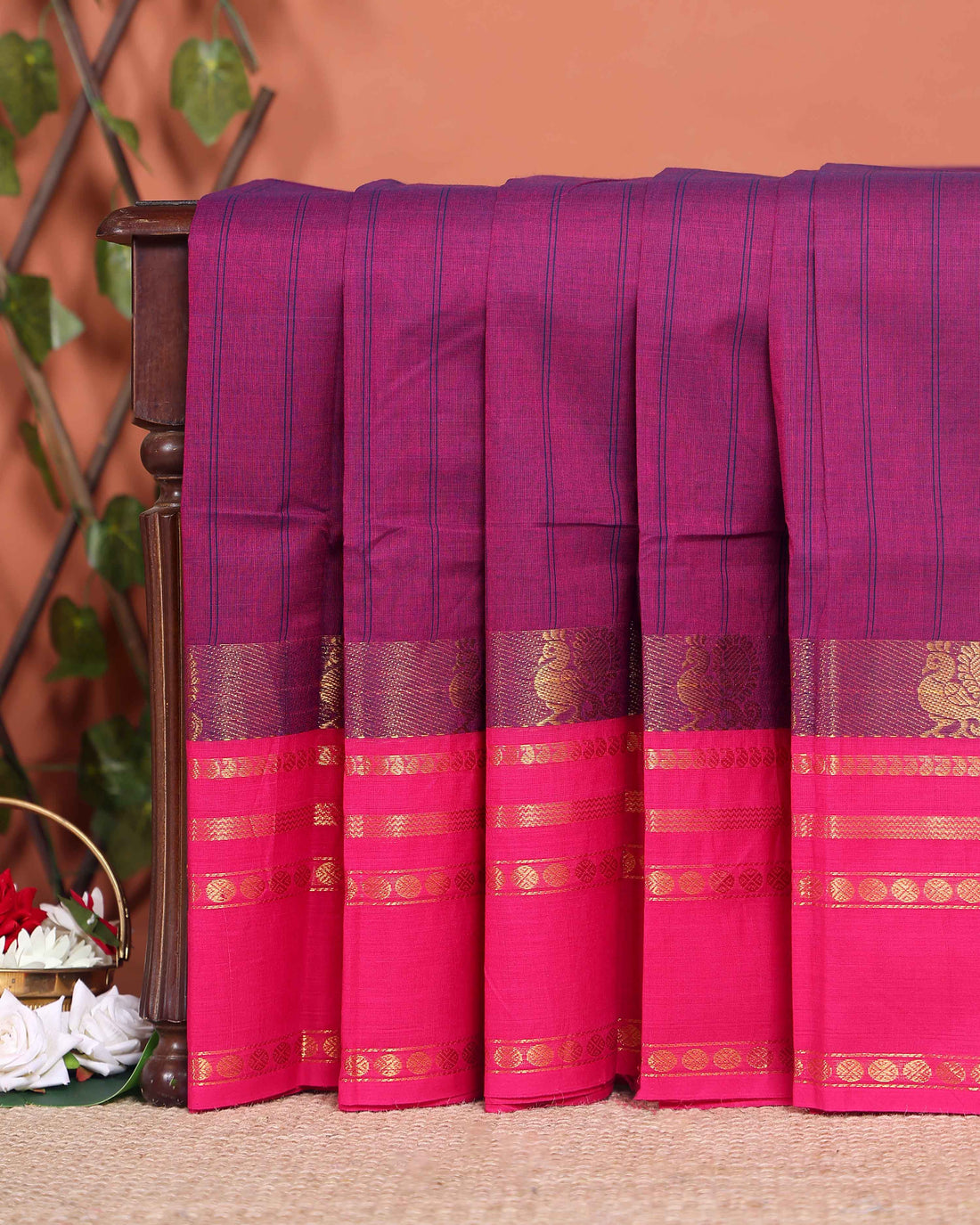Handwoven Chettinad Cotton Saree with Temple Border and Peacock Design - Purple
