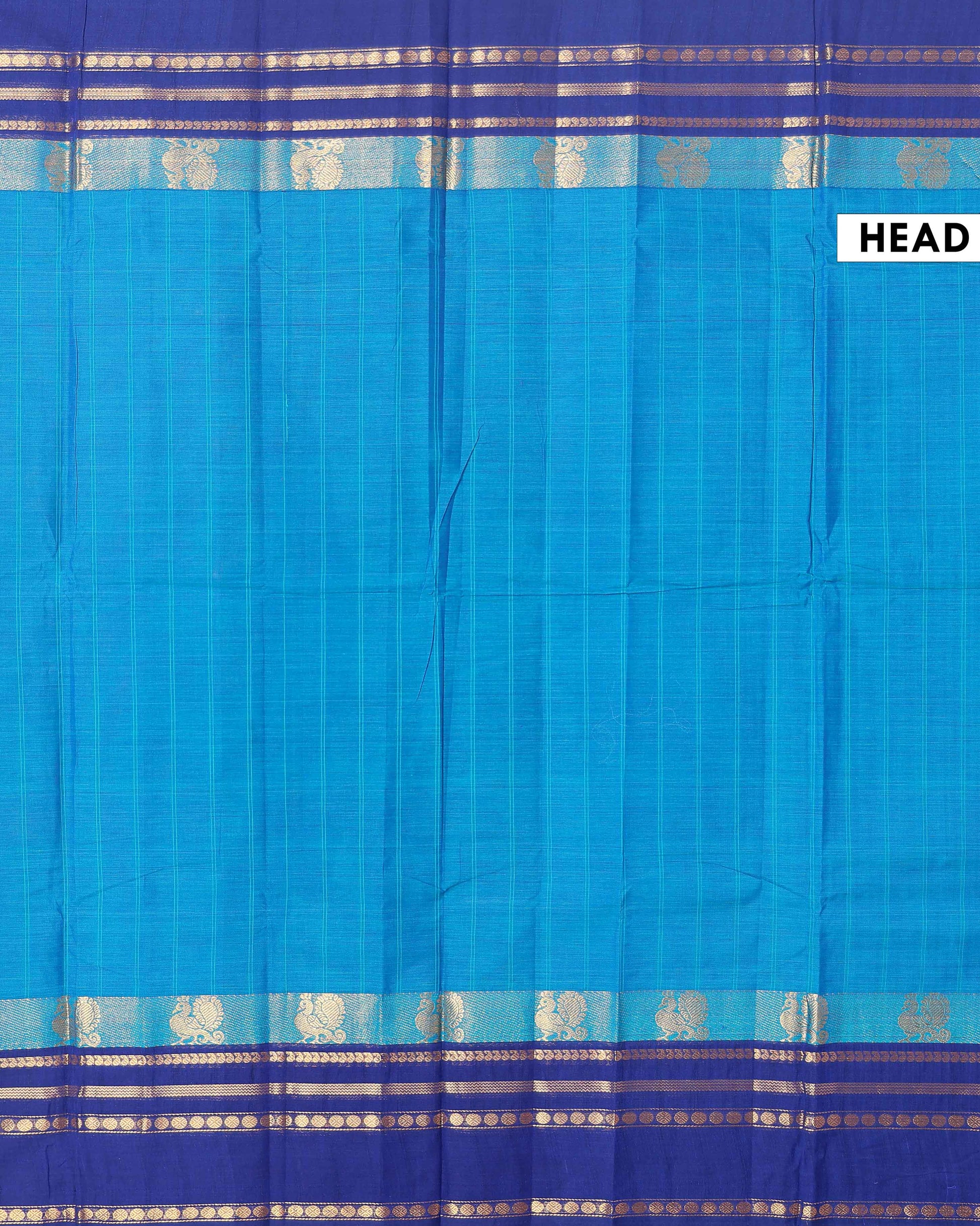 Handwoven Chettinad Cotton Saree with Traditional Zari Border - Blue-Head