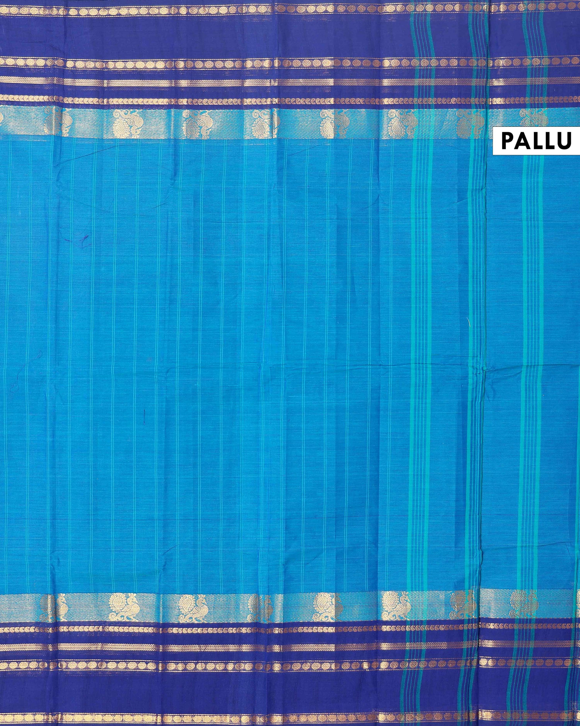 Handwoven Chettinad Cotton Saree with Traditional Zari Border - Blue-Pallu