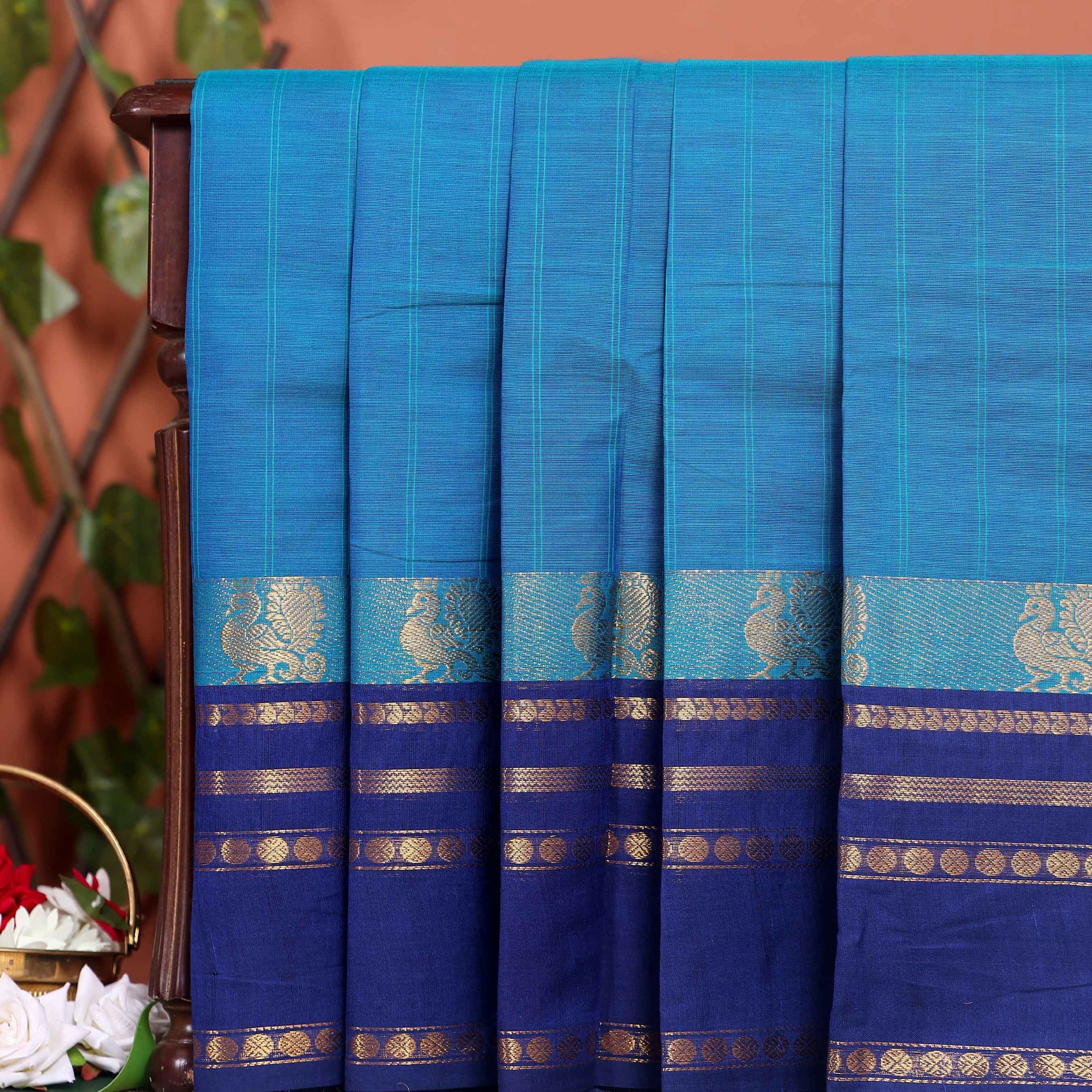 Handwoven Chettinad Cotton Saree with Traditional Zari Border - Blue