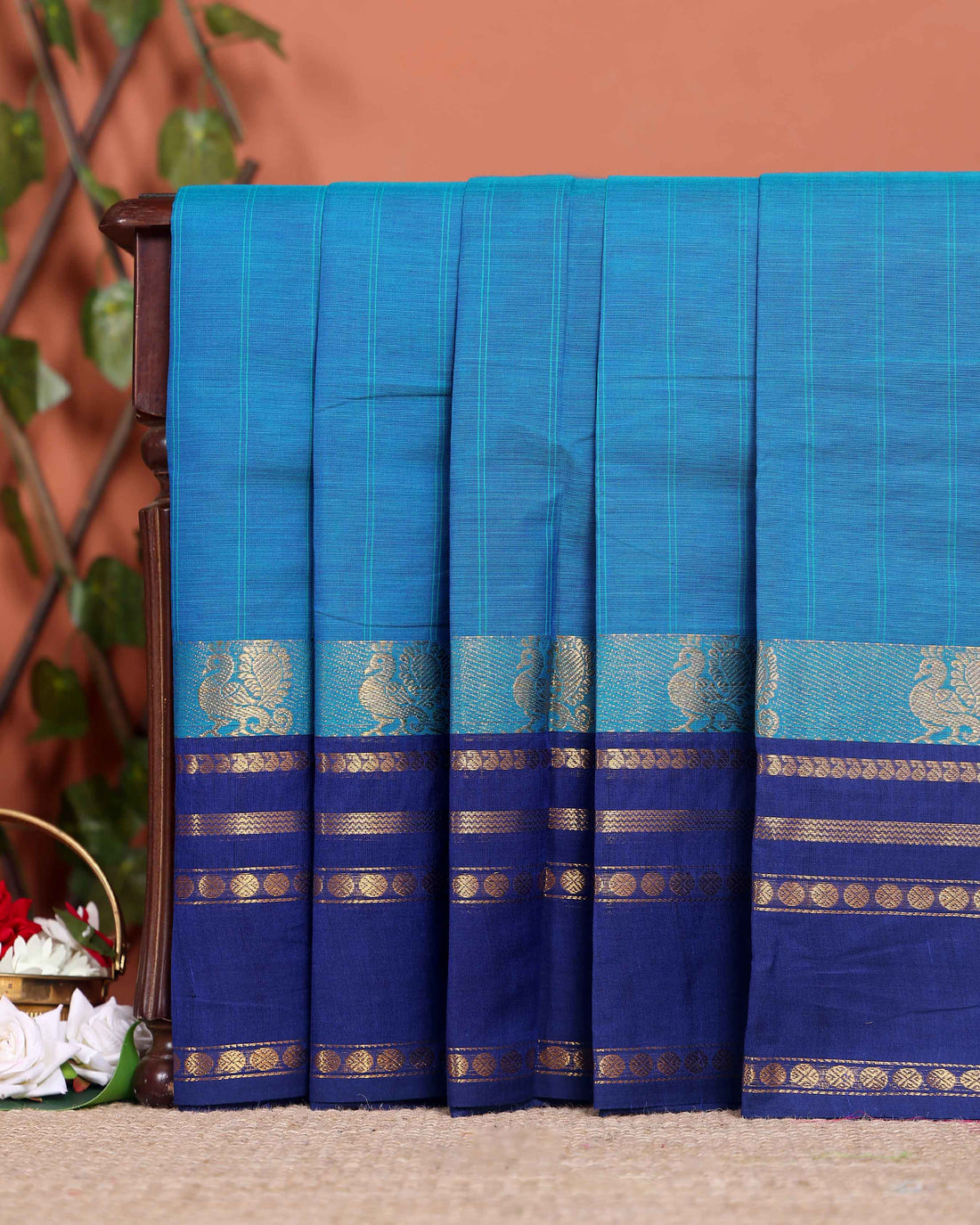 Handwoven Chettinad Cotton Saree with Traditional Zari Border - Blue
