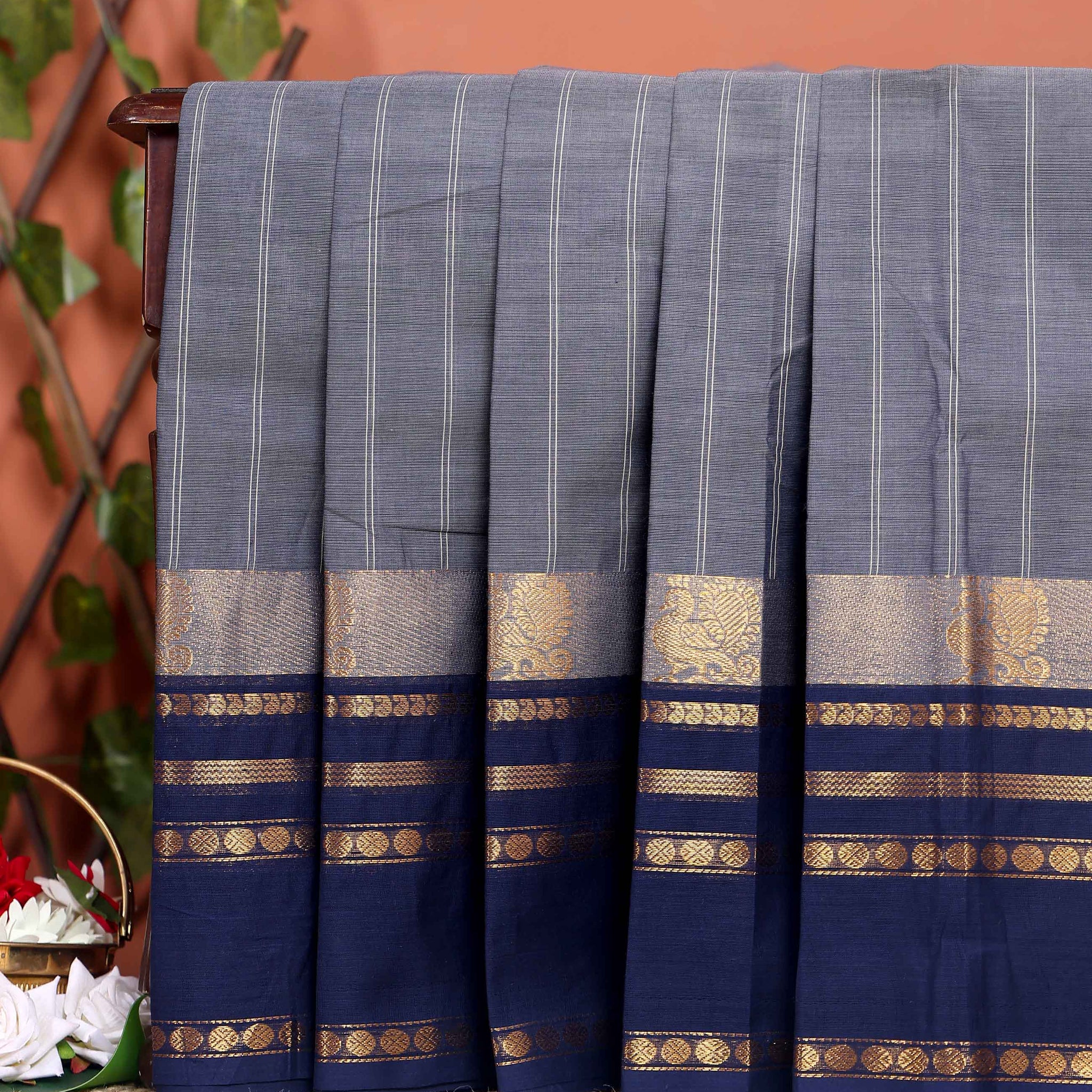Handwoven Chettinad Cotton Saree with Traditional Zari Border - Dark Grey