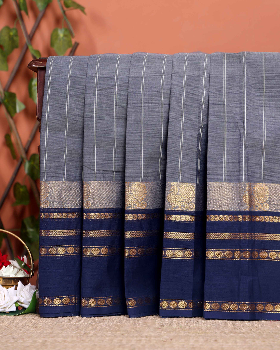 Handwoven Chettinad Cotton Saree with Traditional Zari Border - Dark Grey