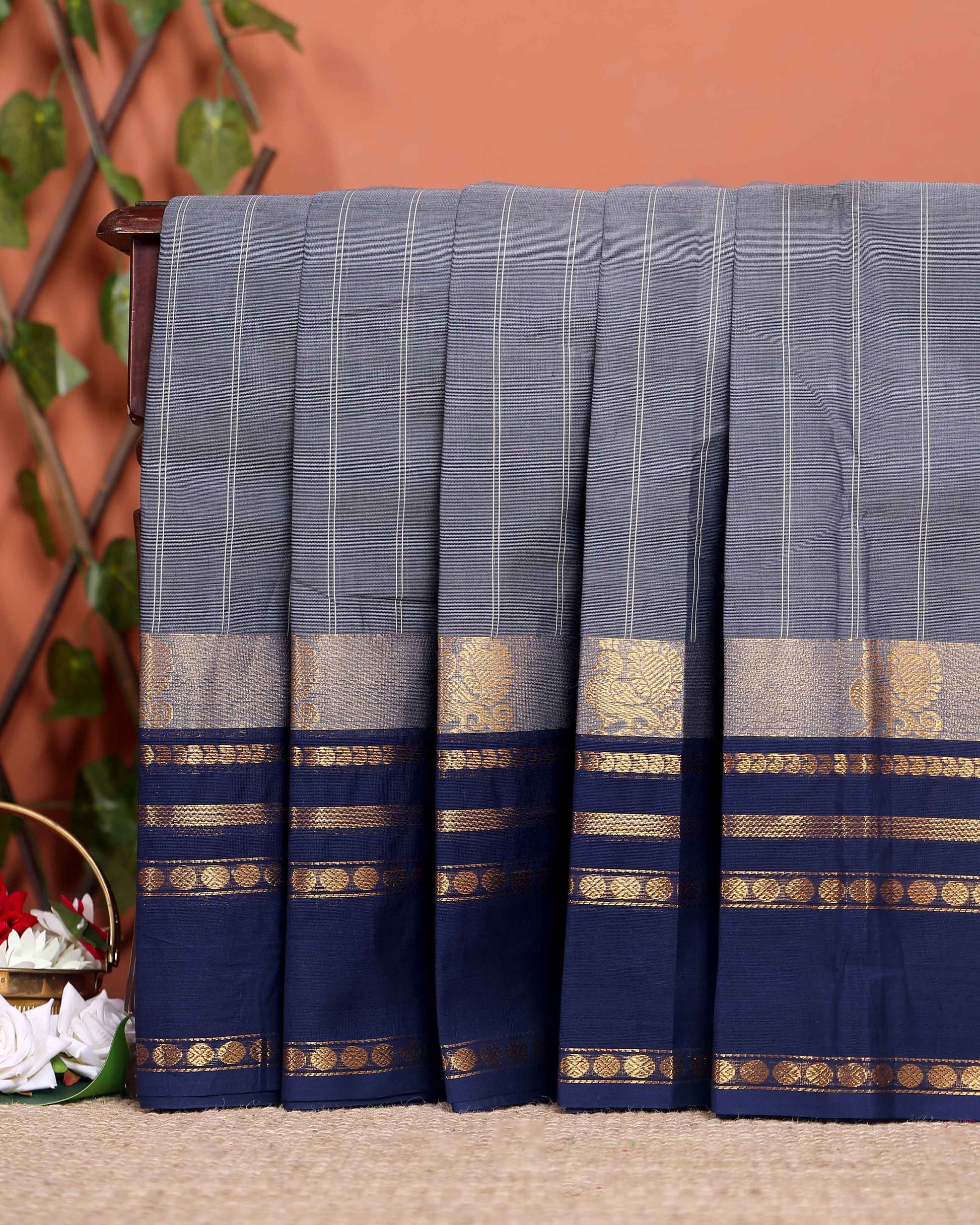 Handwoven Chettinad Cotton Saree with Traditional Zari Border - Dark Grey