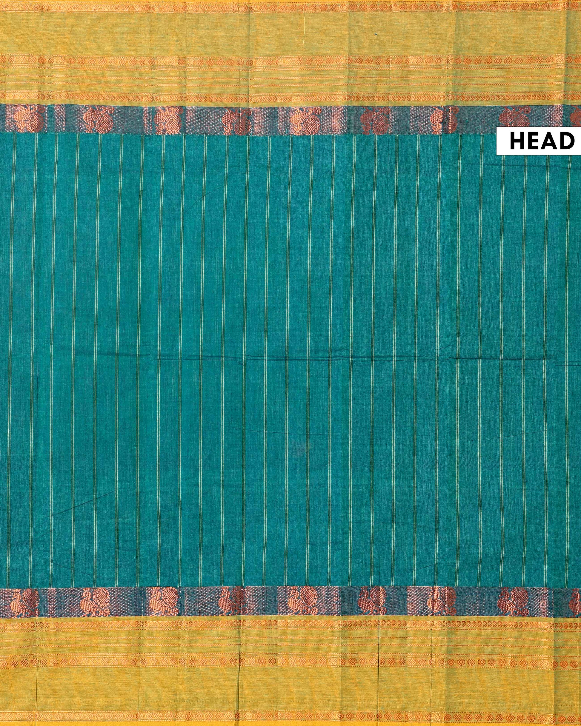 Handwoven Chettinad Cotton Saree with Traditional Zari Border - Green-Head