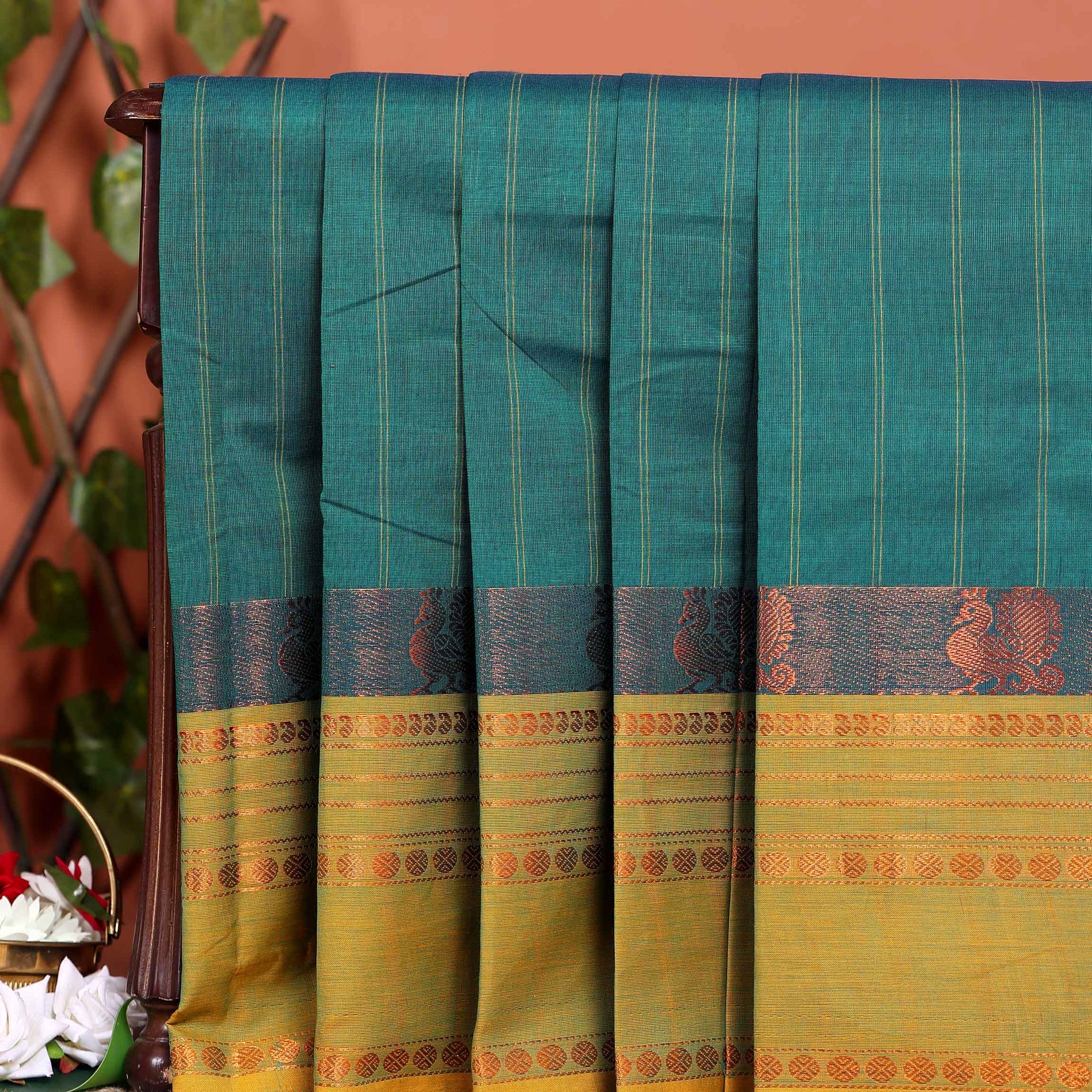 Handwoven Chettinad Cotton Saree with Traditional Zari Border - Green