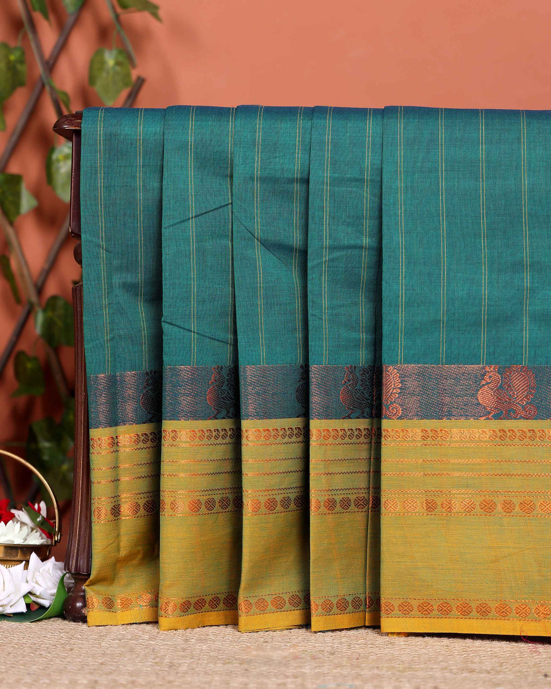 Handwoven Chettinad Cotton Saree with Traditional Zari Border - Green