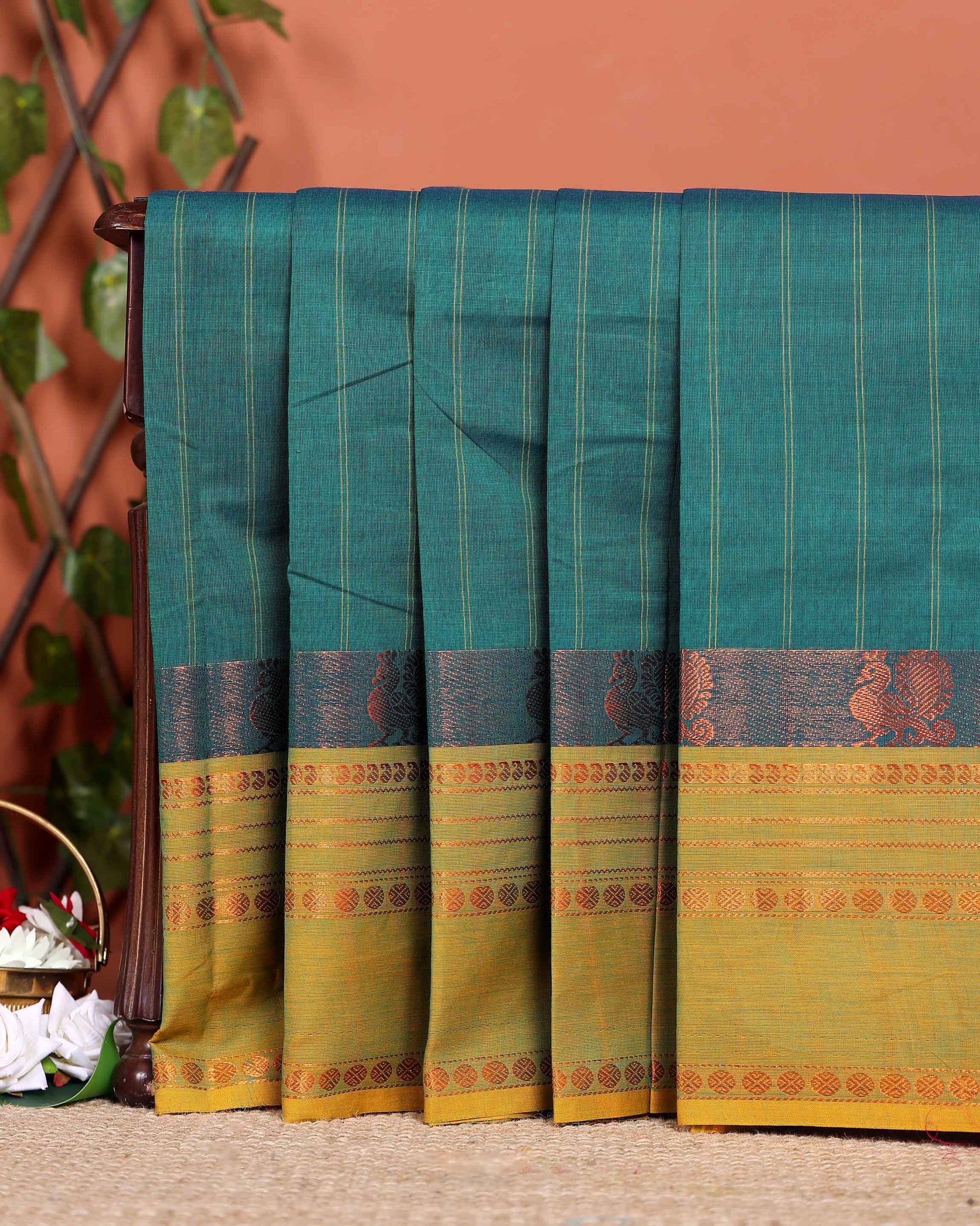 Handwoven Chettinad Cotton Saree with Traditional Zari Border - Green