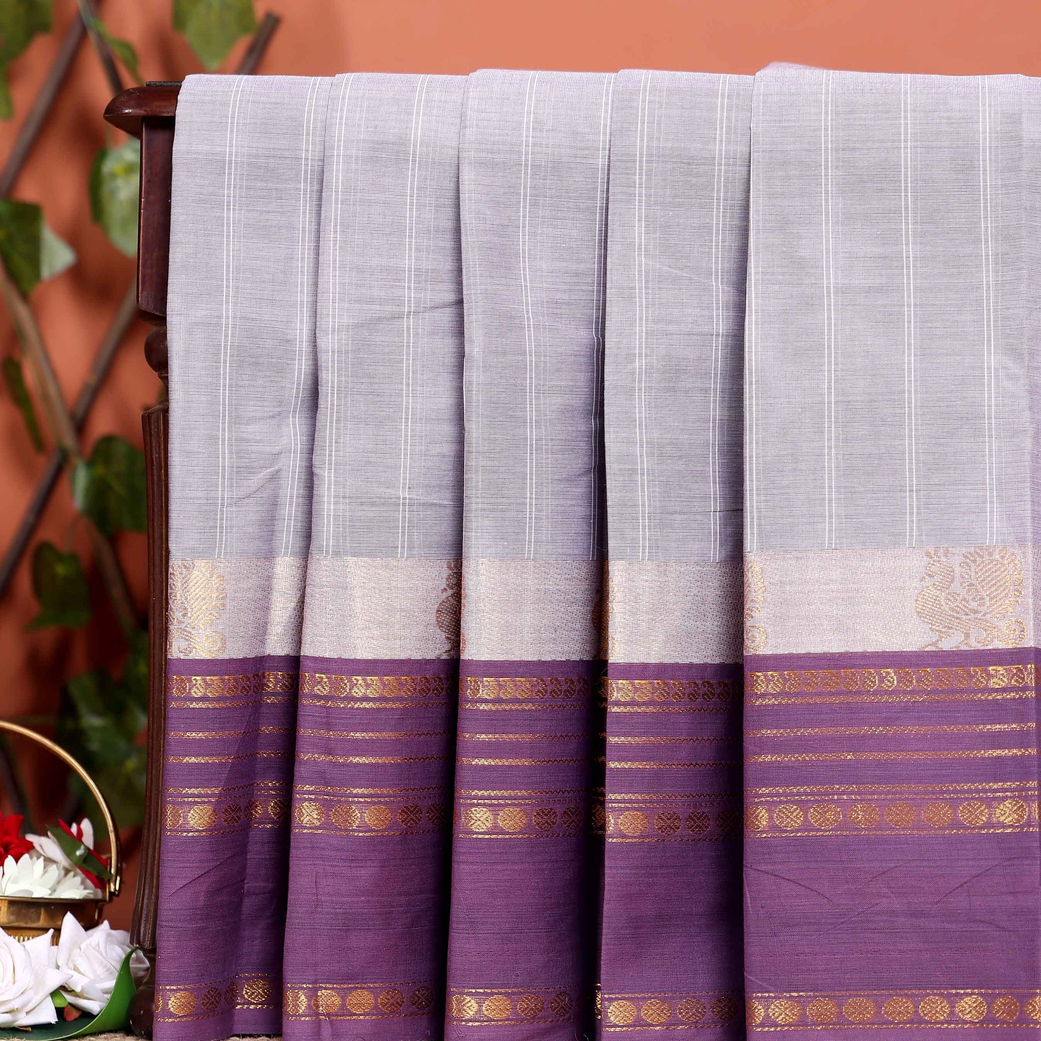 Handwoven Chettinad Cotton Saree with Traditional Zari Border - Grey 