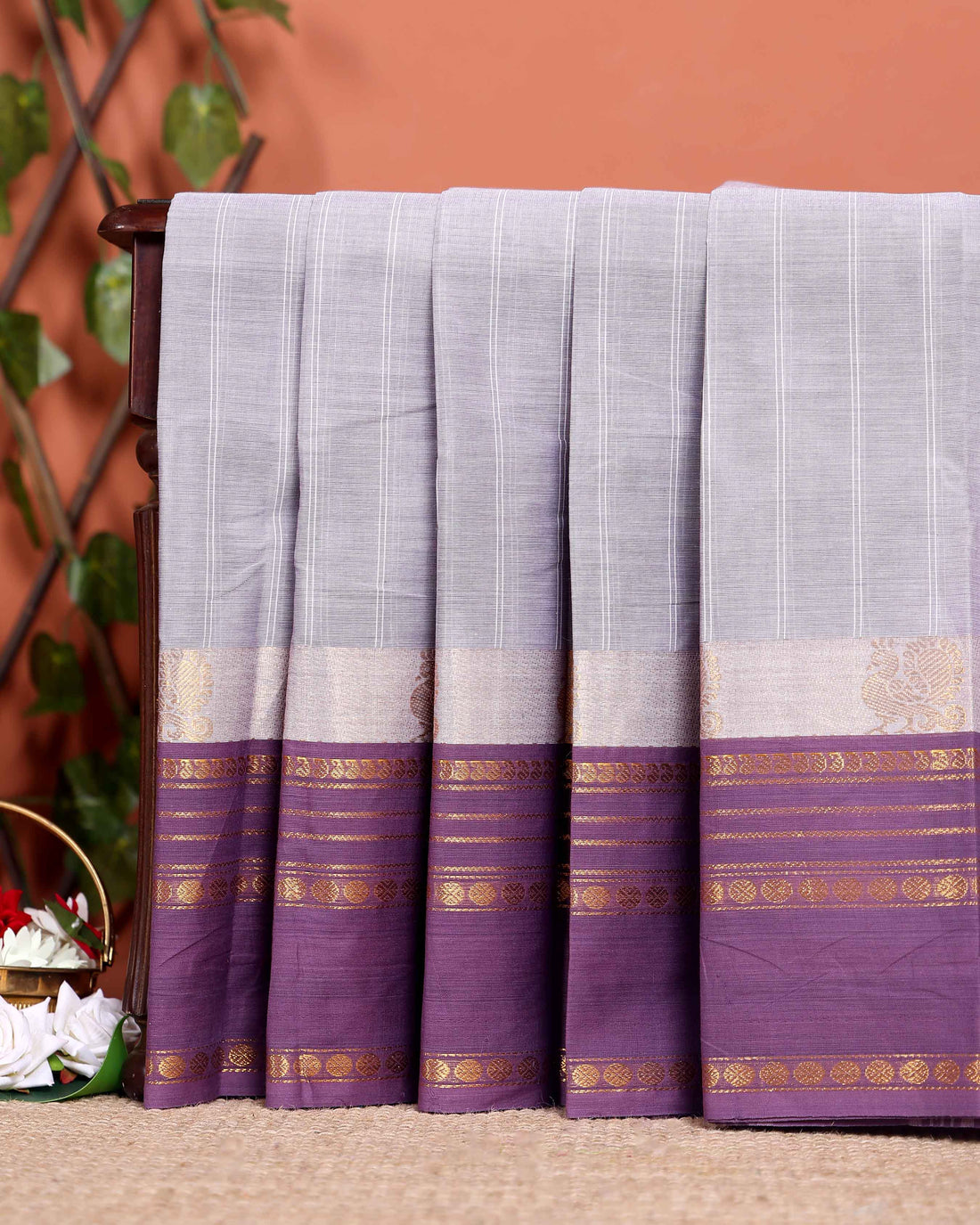 Handwoven Chettinad Cotton Saree with Traditional Zari Border - Grey 