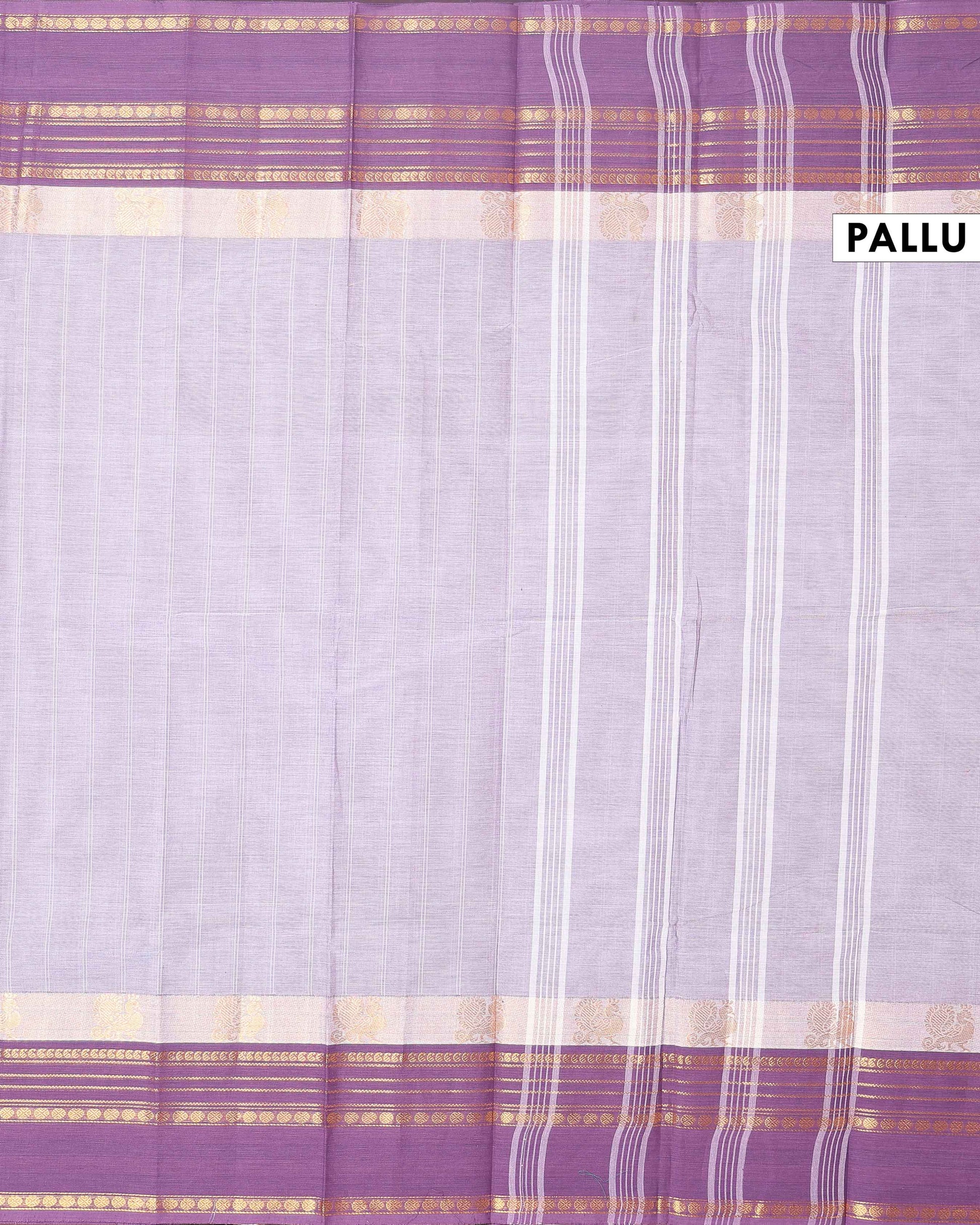 Handwoven Chettinad Cotton Saree with Traditional Zari Border - Grey -pallu