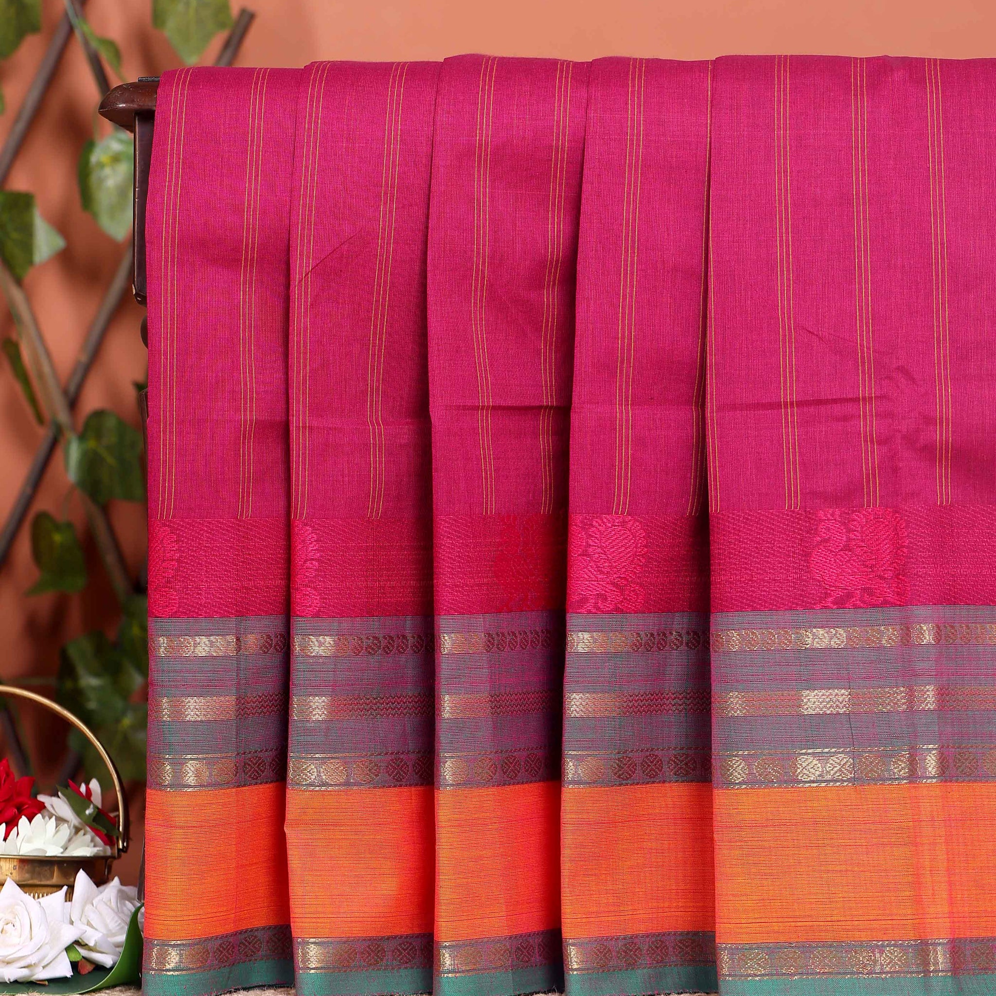 Handwoven Chettinad Cotton Saree with Traditional Zari Border - Magenta 