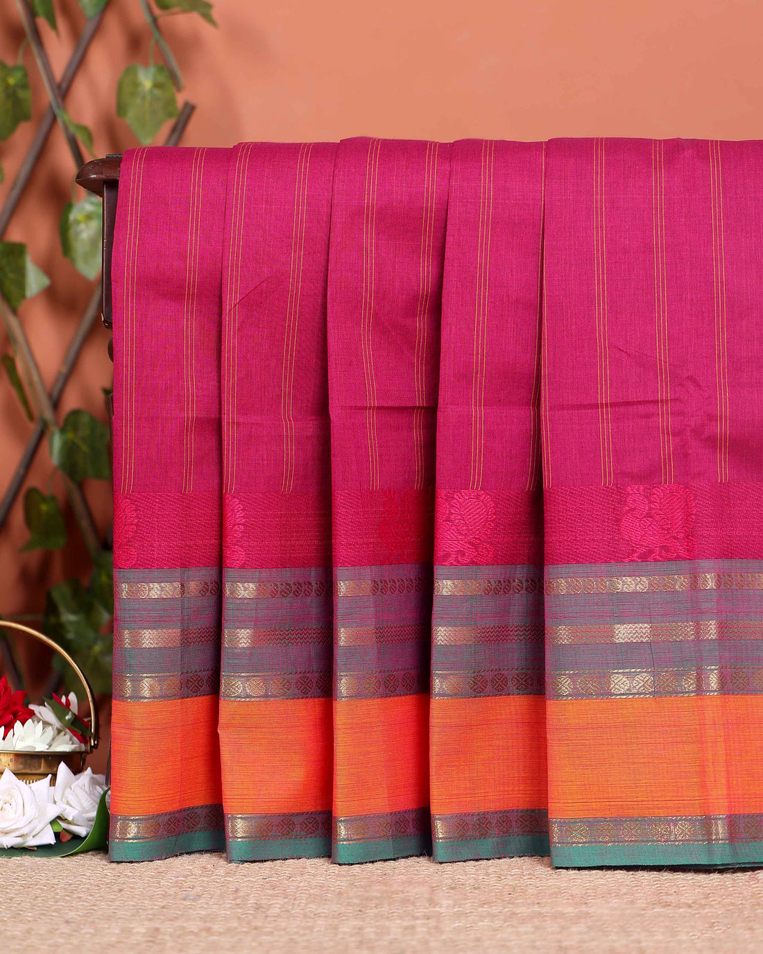 Handwoven Chettinad Cotton Saree with Traditional Zari Border - Magenta 