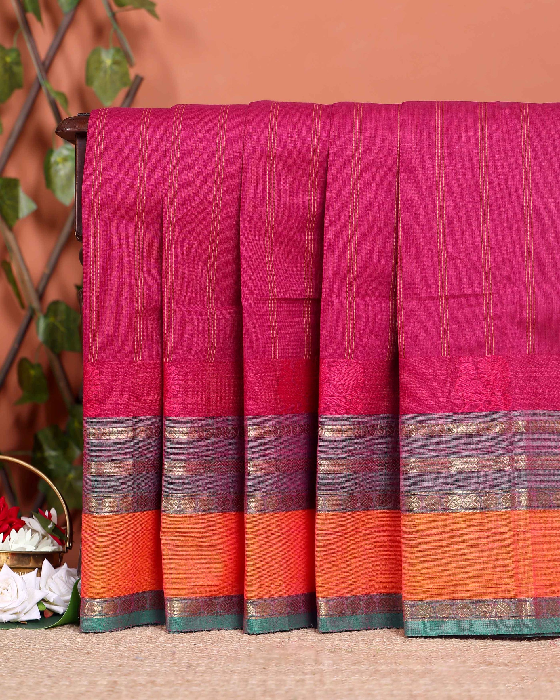 Handwoven Chettinad Cotton Saree with Traditional Zari Border - Magenta 