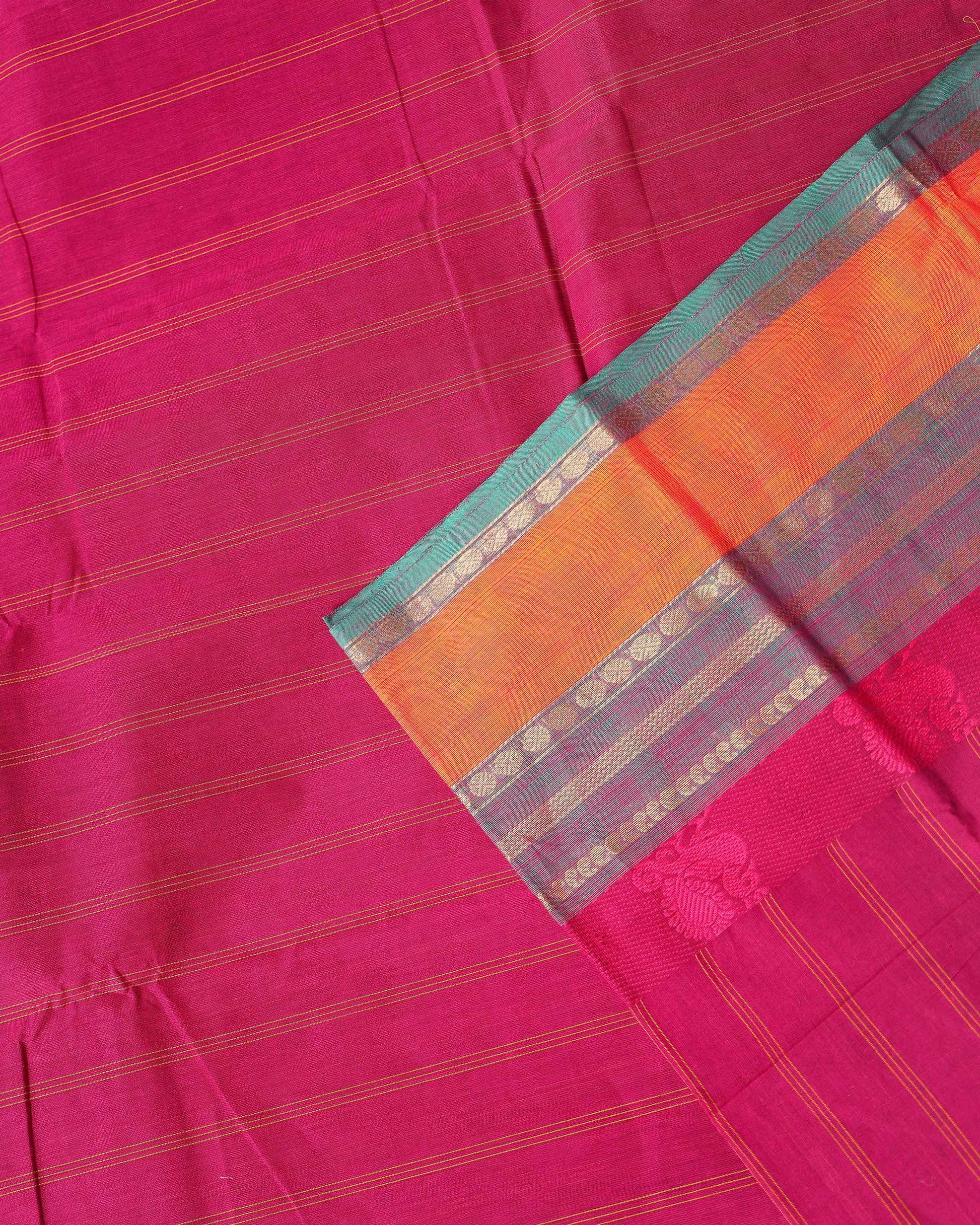 Handwoven Chettinad Cotton Saree with Traditional Zari Border - Magenta -Close