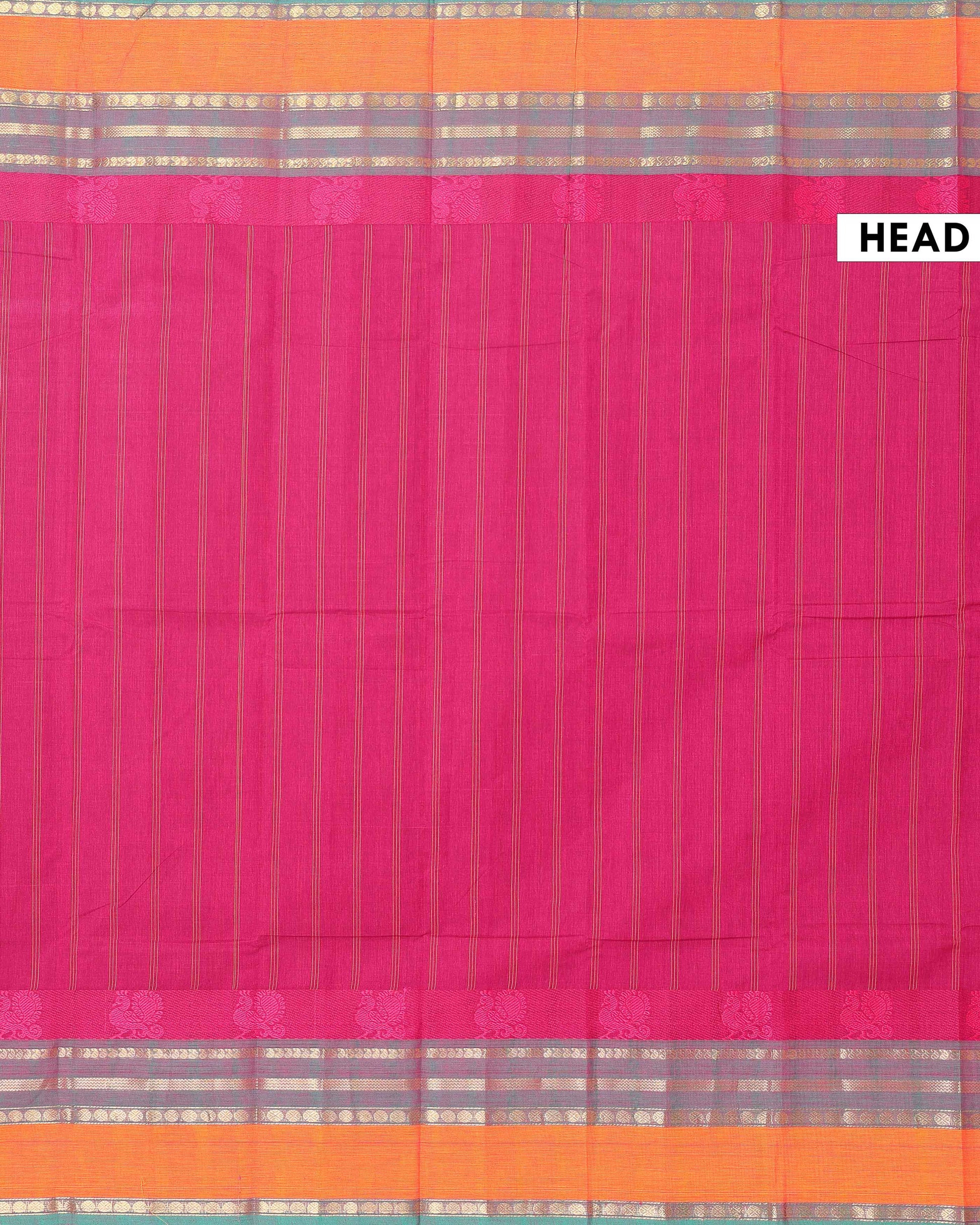 Handwoven Chettinad Cotton Saree with Traditional Zari Border - Magenta -Head