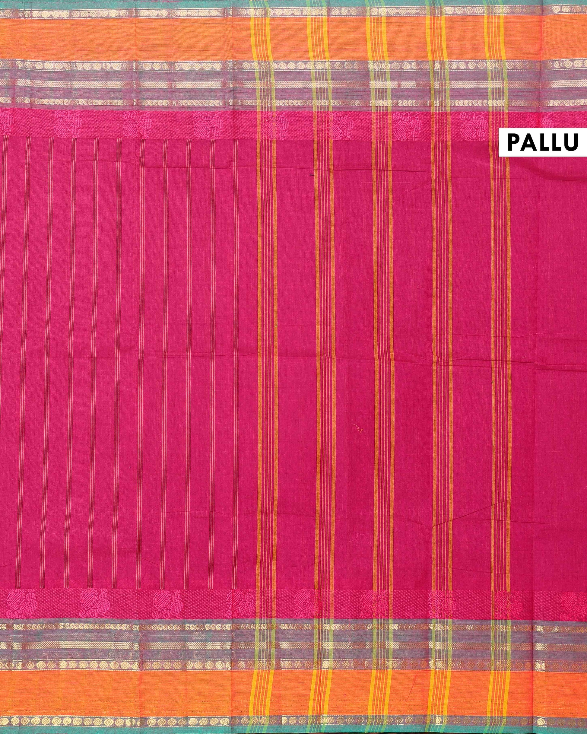 Handwoven Chettinad Cotton Saree with Traditional Zari Border - Magenta -Pallu