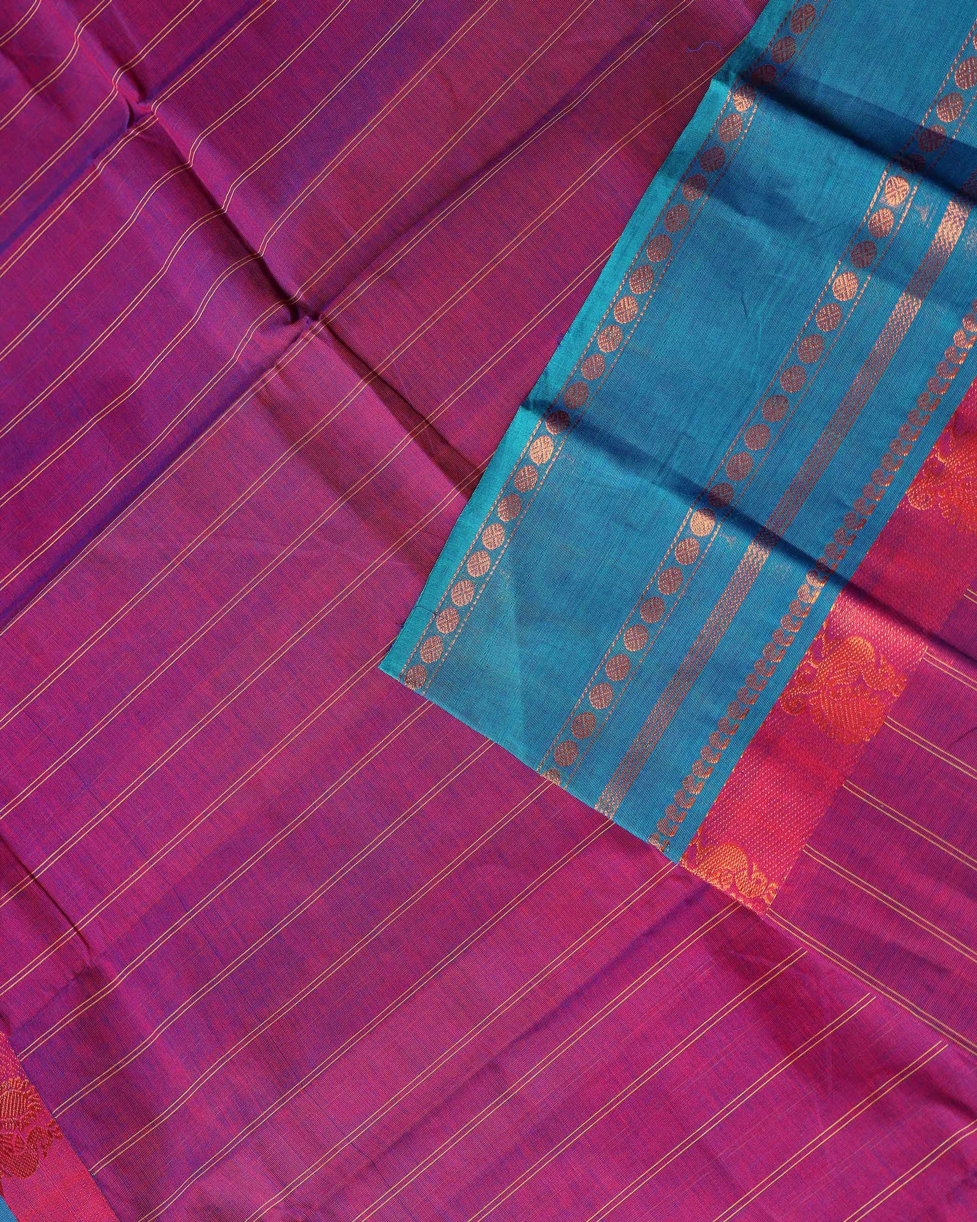 Handwoven Chettinad Cotton Saree with Traditional Zari Border - Purple-Close