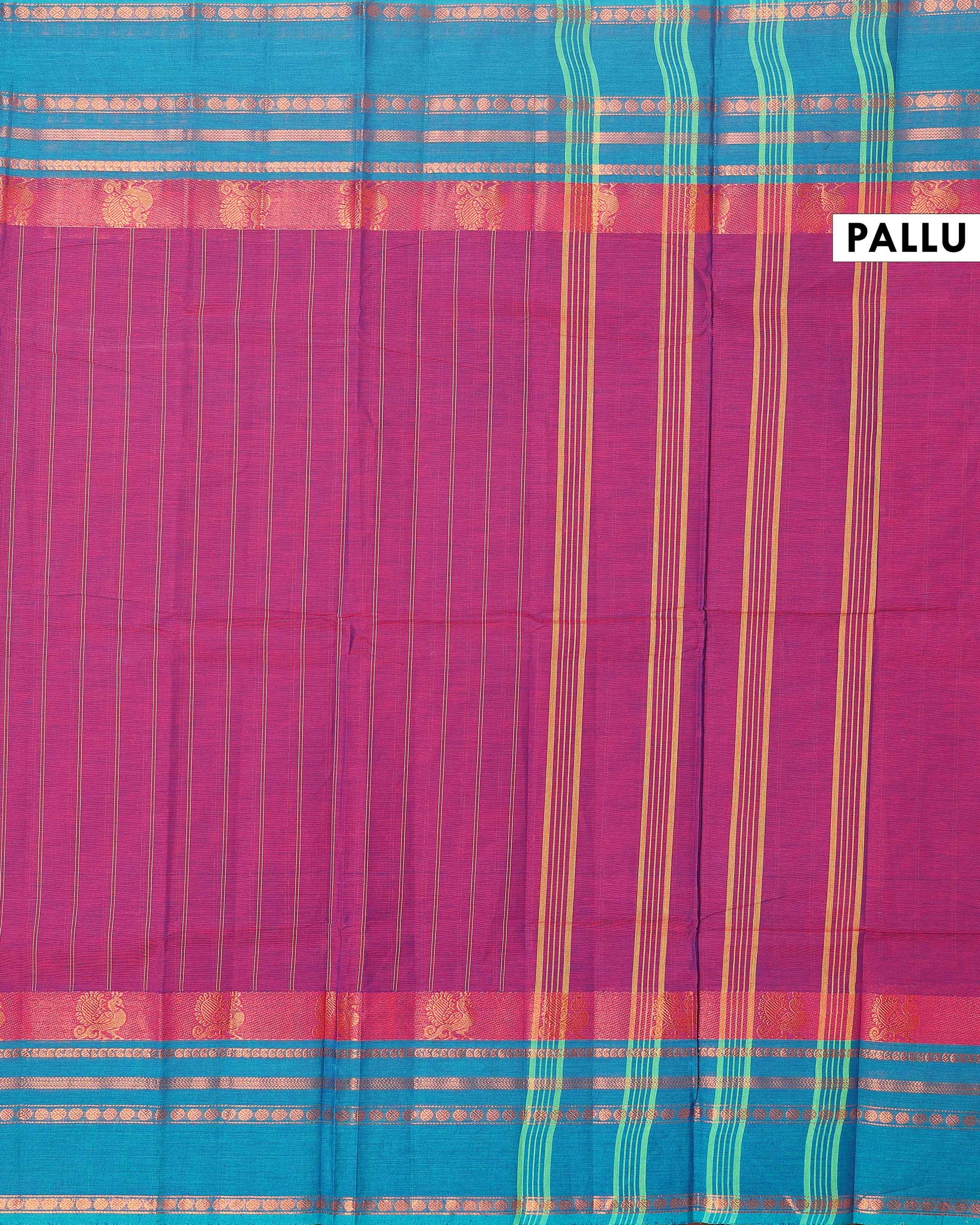 Handwoven Chettinad Cotton Saree with Traditional Zari Border - Purple-Pallu