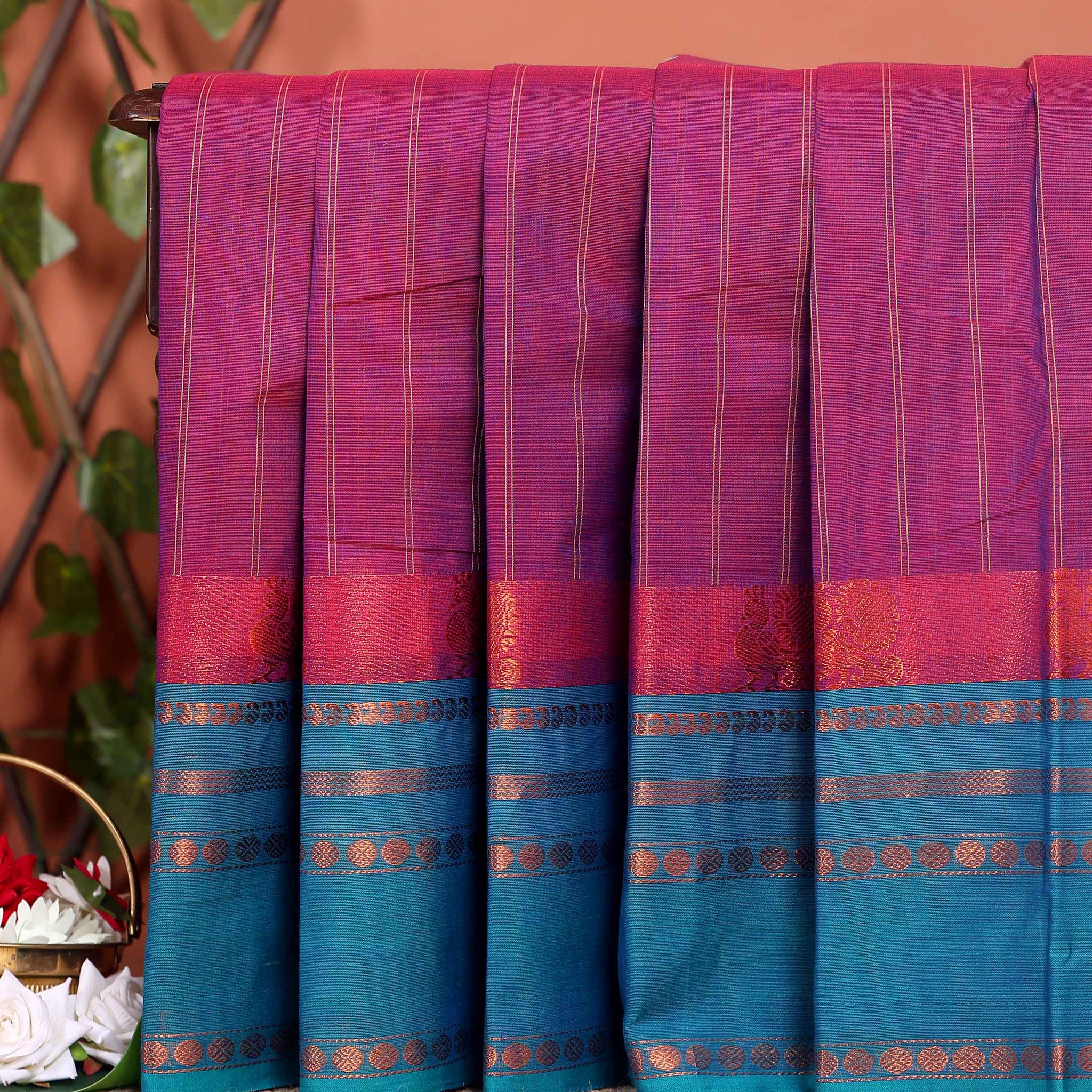 Handwoven Chettinad Cotton Saree with Traditional Zari Border - Purple
