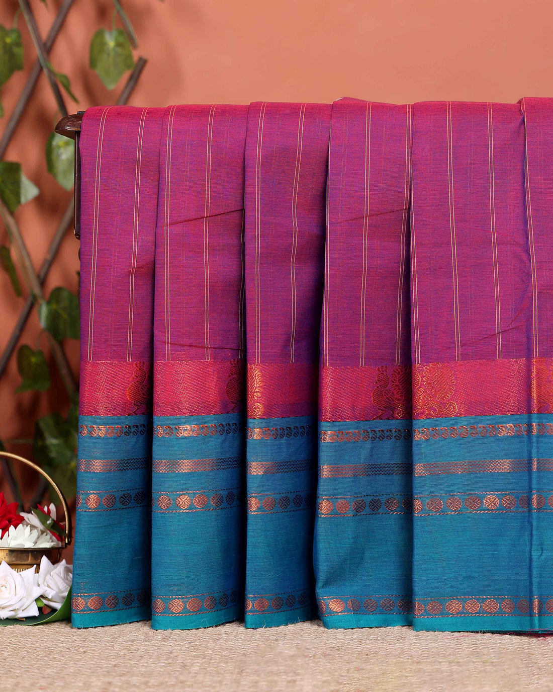 Handwoven Chettinad Cotton Saree with Traditional Zari Border - Purple