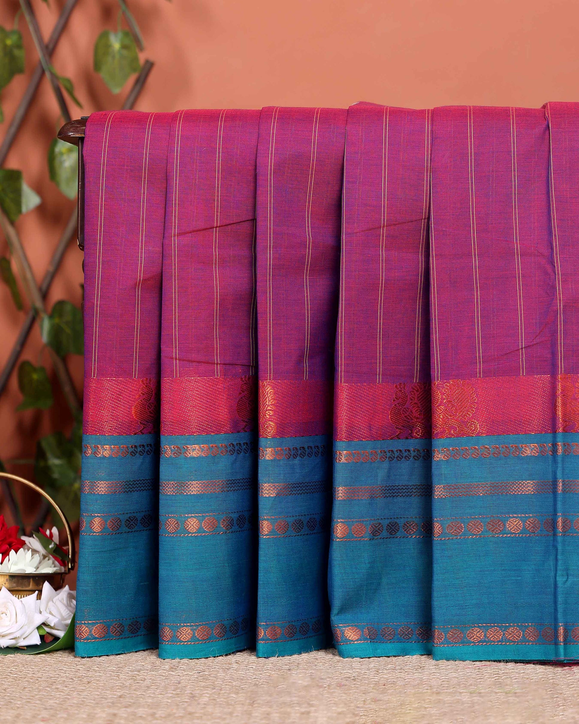 Handwoven Chettinad Cotton Saree with Traditional Zari Border - Purple