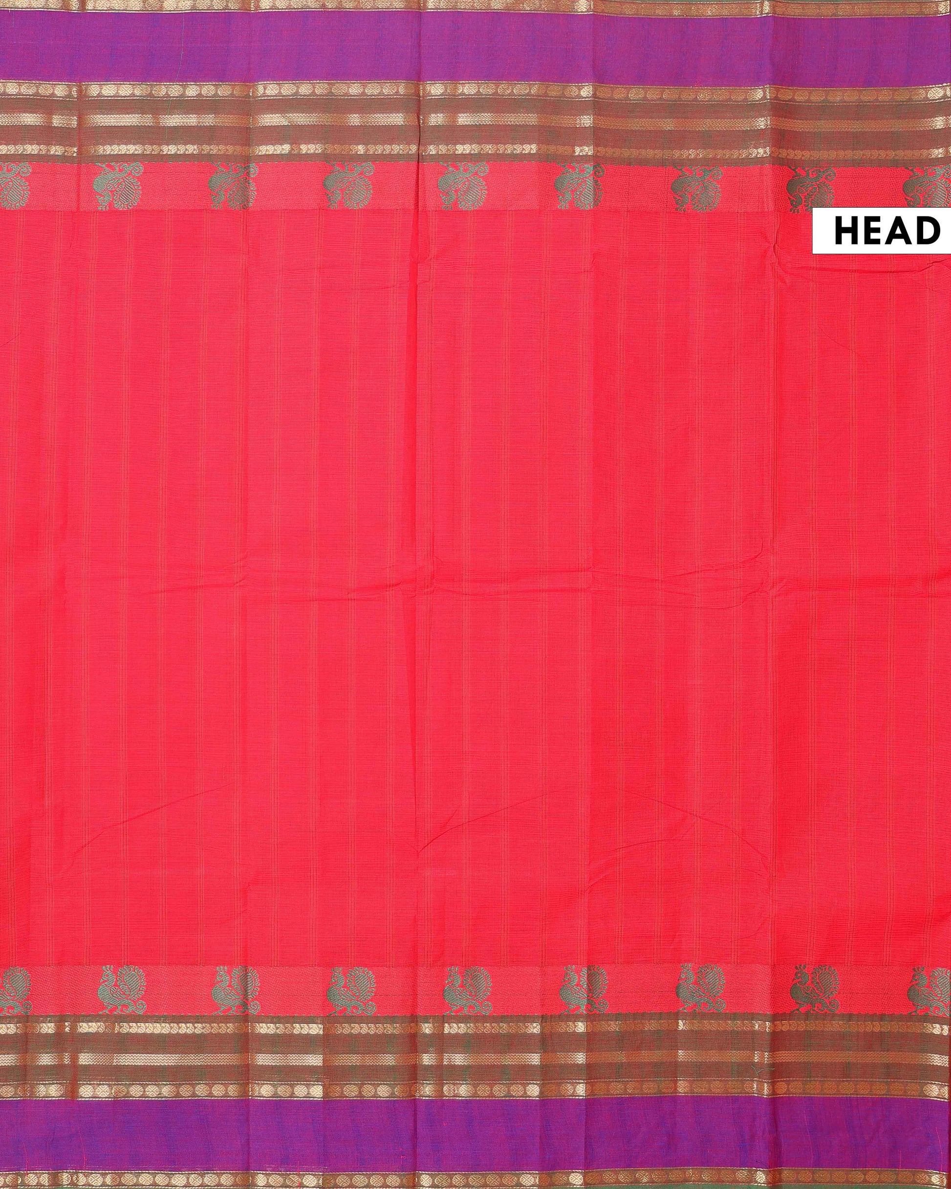 Handwoven Chettinad Cotton Saree with Traditional Zari Border - Red