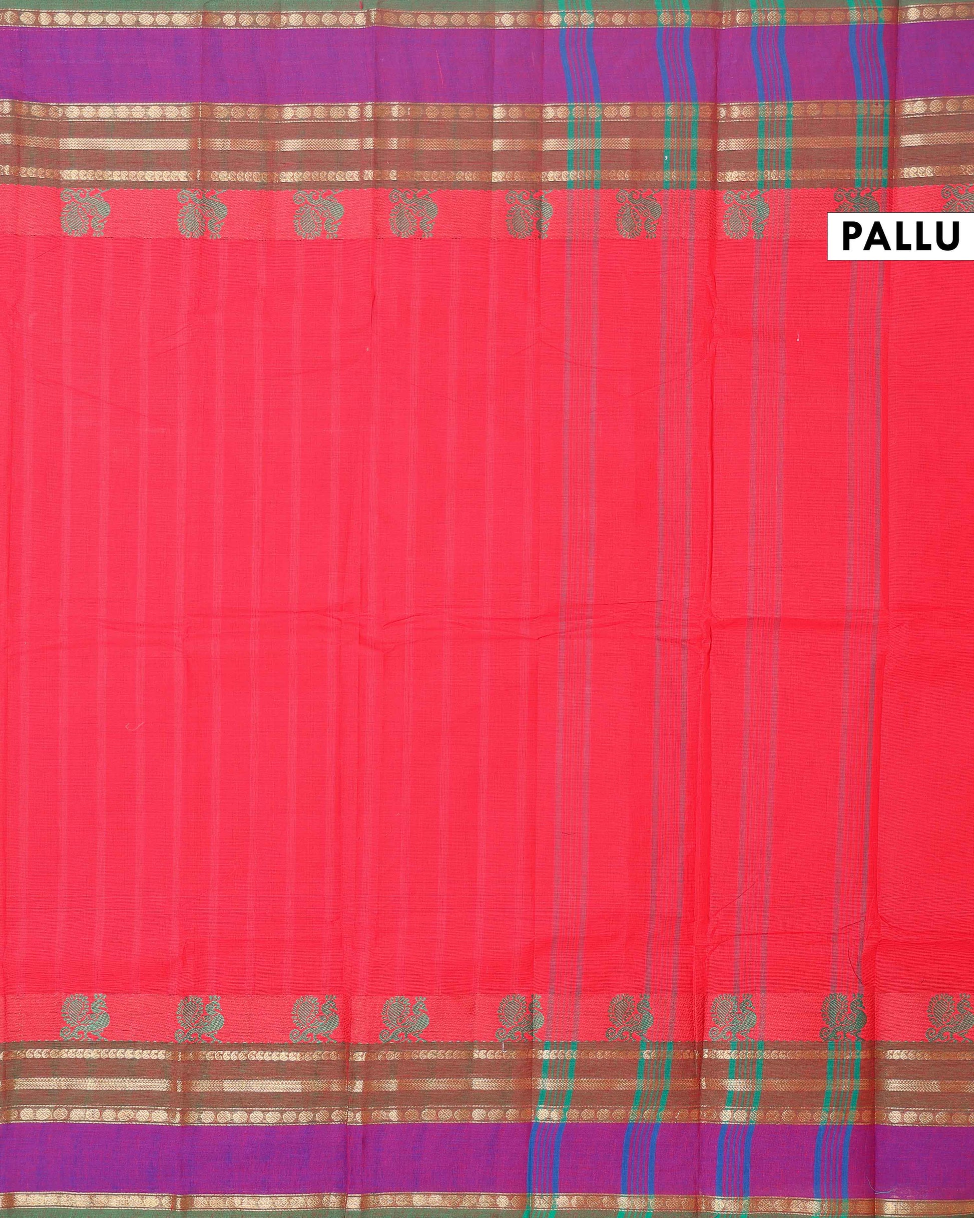 Handwoven Chettinad Cotton Saree with Traditional Zari Border - Red-pallu