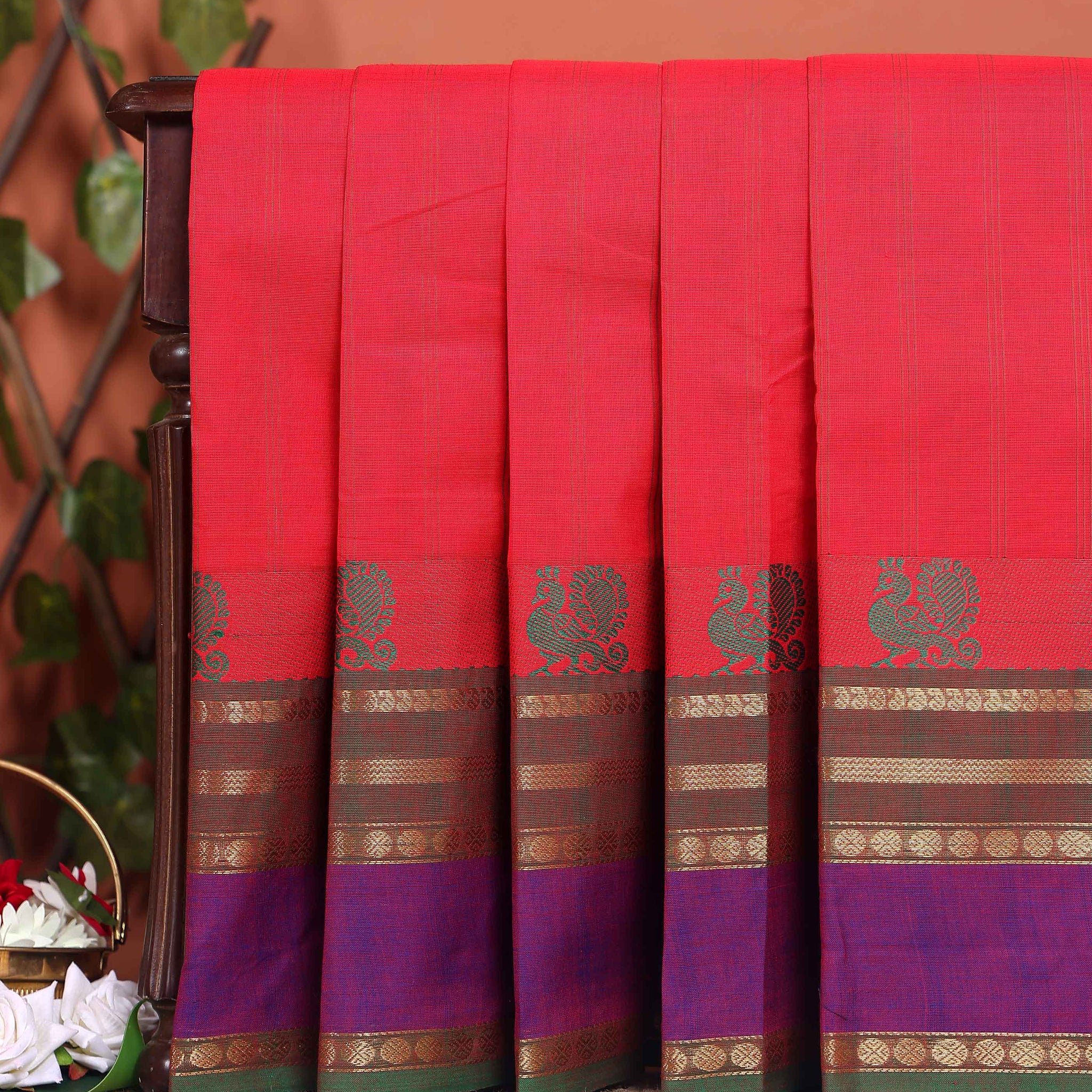 Handwoven Chettinad Cotton Saree with Traditional Zari Border - Red