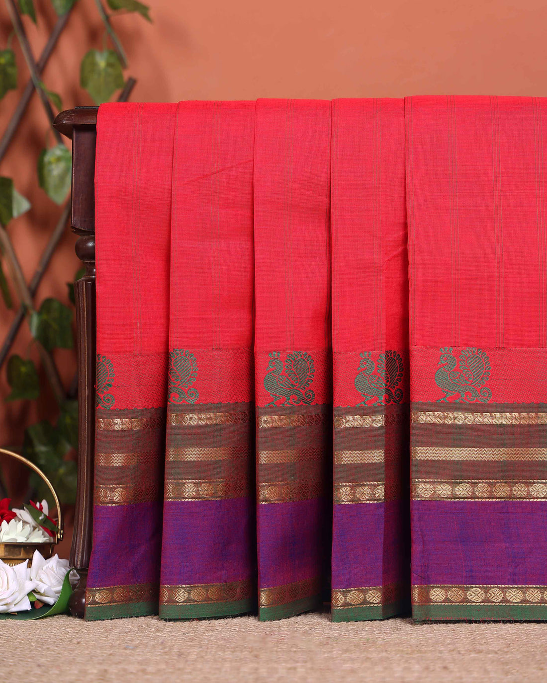 Handwoven Chettinad Cotton Saree with Traditional Zari Border - Red
