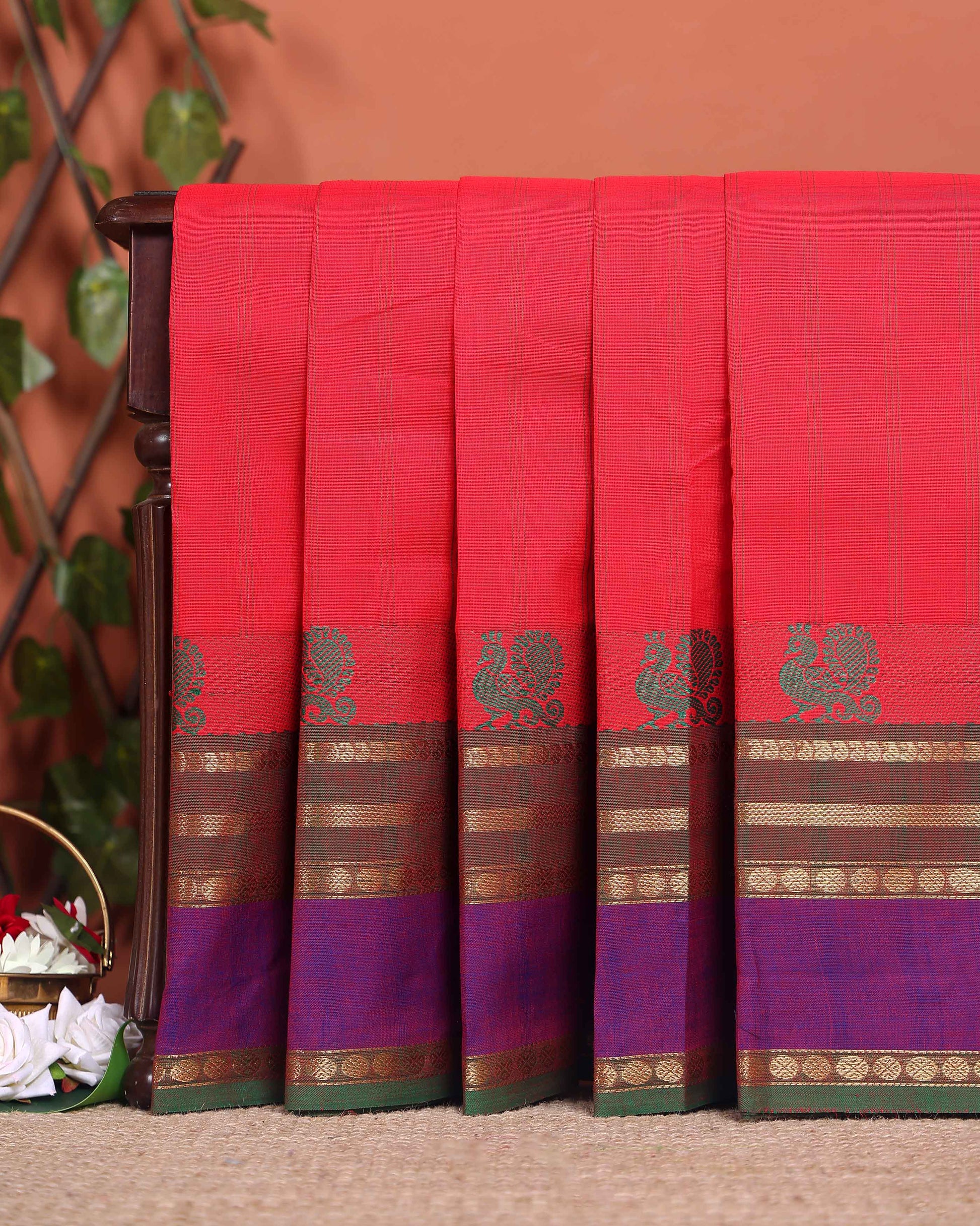 Handwoven Chettinad Cotton Saree with Traditional Zari Border - Red